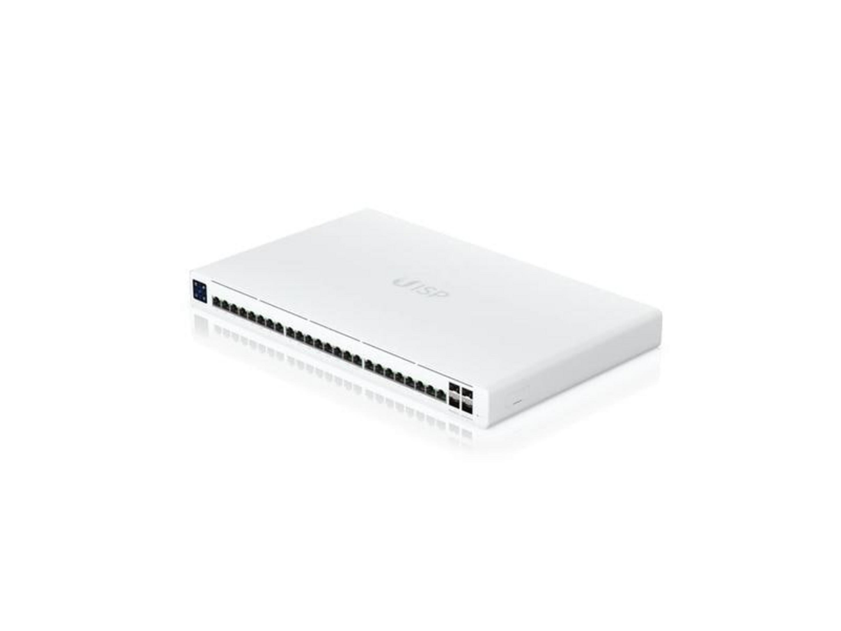 Ein weißer Netzwerk-Switch mit vielen Anschlüssen und dem UISP-Logo auf der Oberseite.