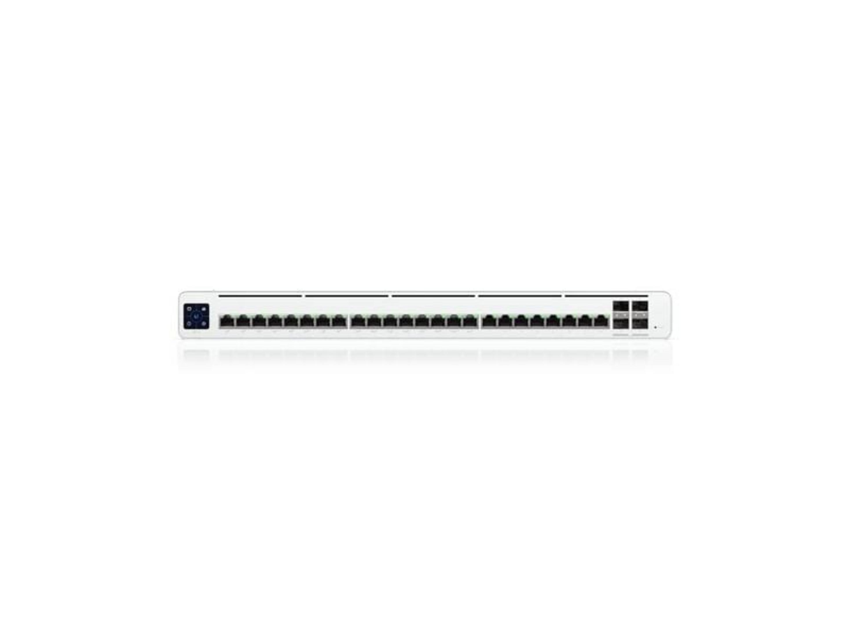 Ein weißer Netzwerk-Switch mit vielen Ethernet-Anschlüssen.