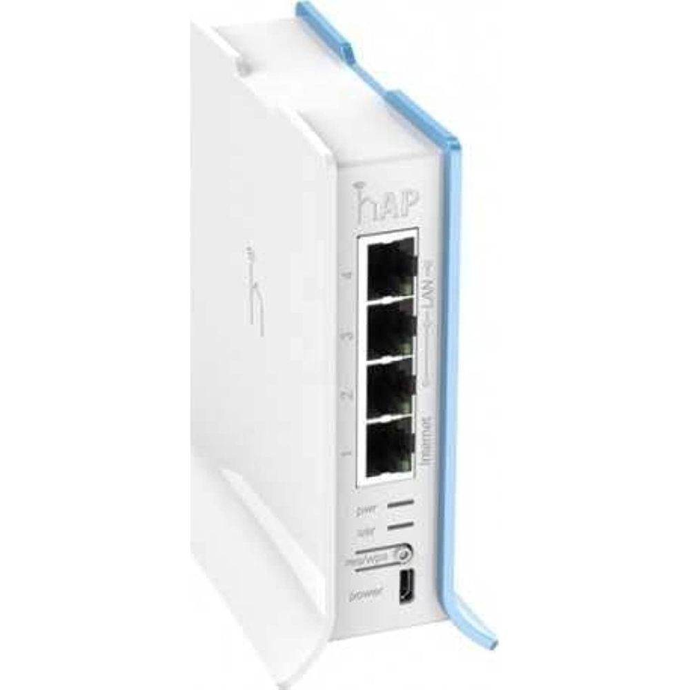 Biały router z niebieskimi akcentami i portami Ethernet.