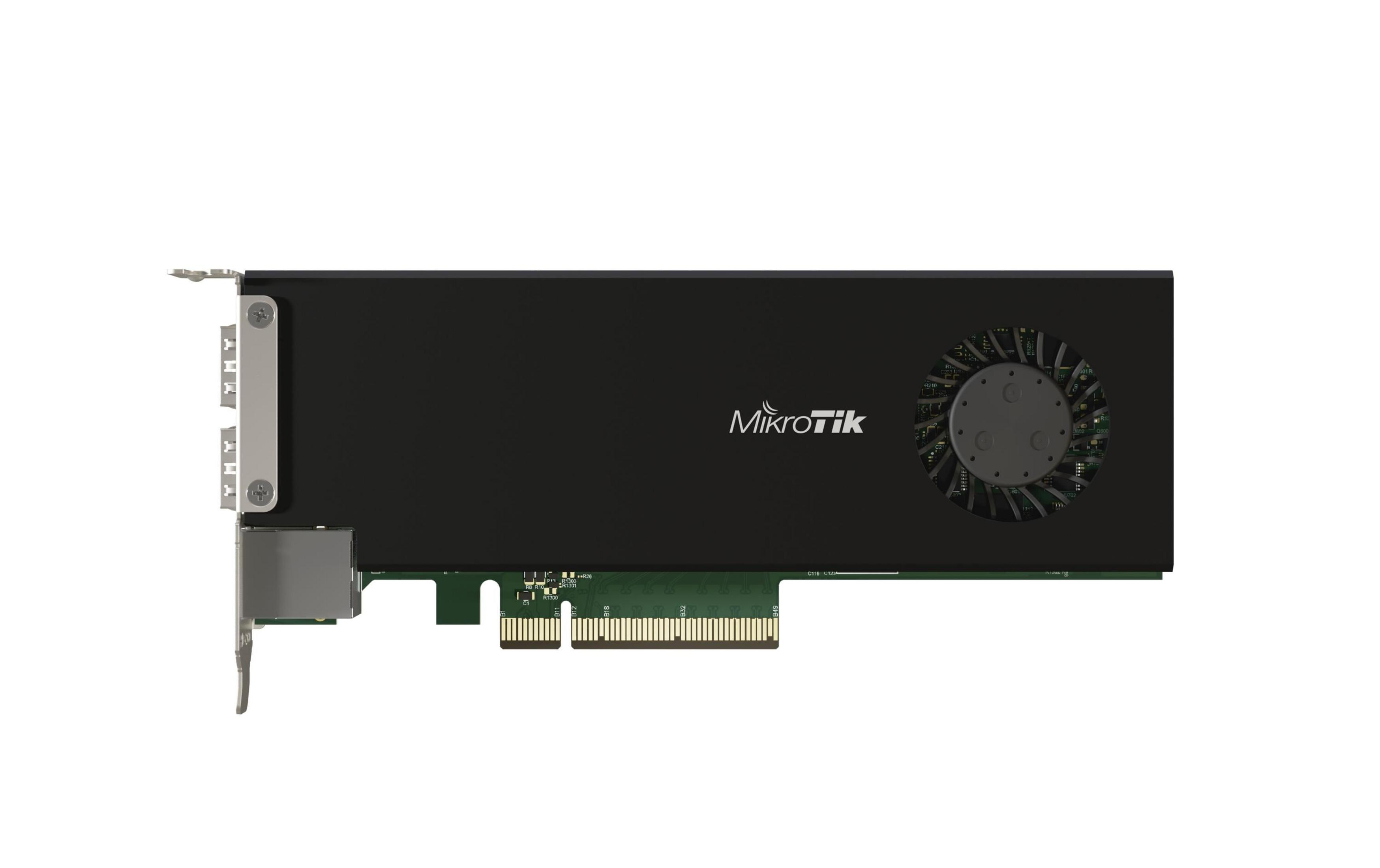 Una scheda di rete MikroTik nera con ventola e connettori dorati.