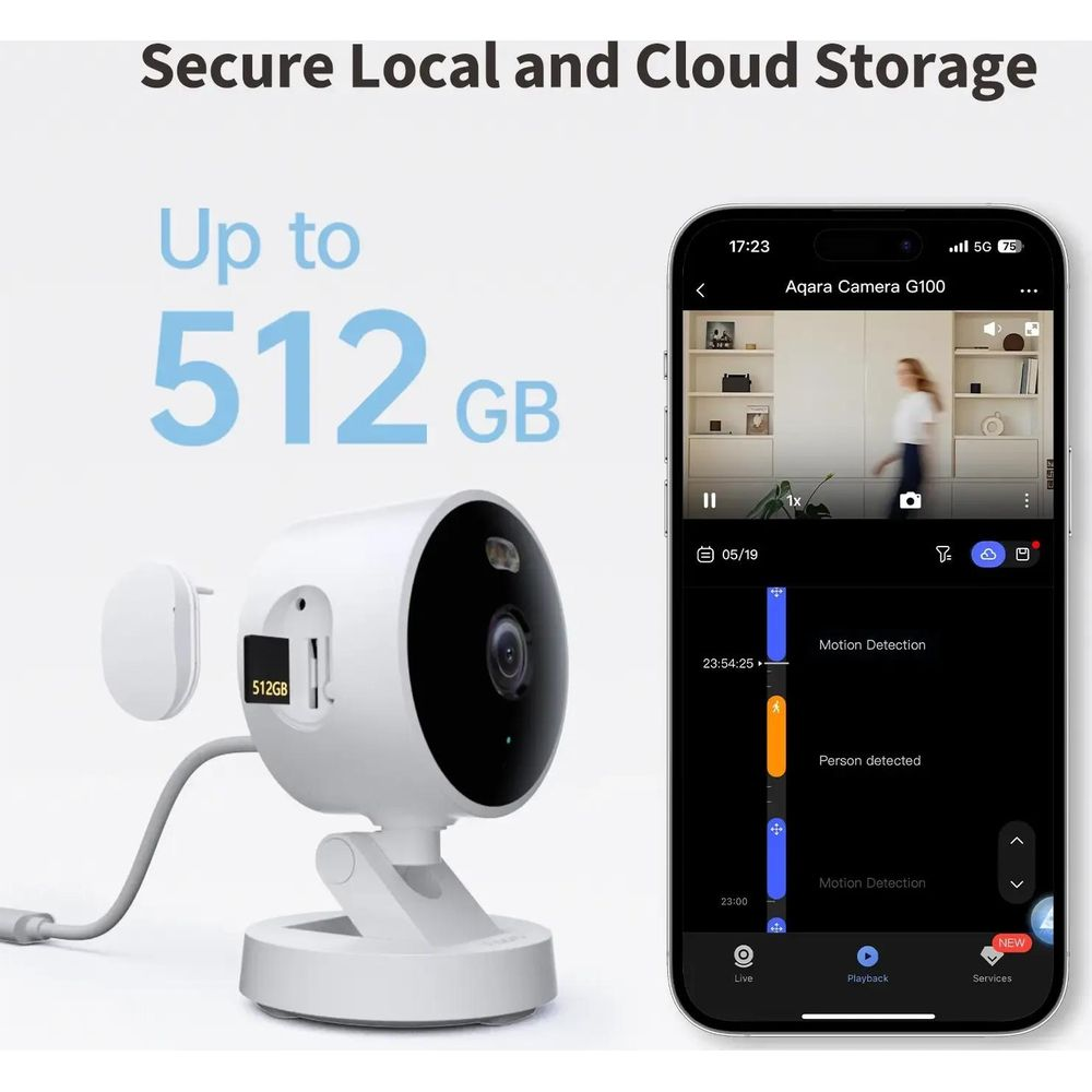 Weiße Kamera mit 512GB SD-Karte; Telefon zeigt Kamera-Feed & Bewegungserkennung.