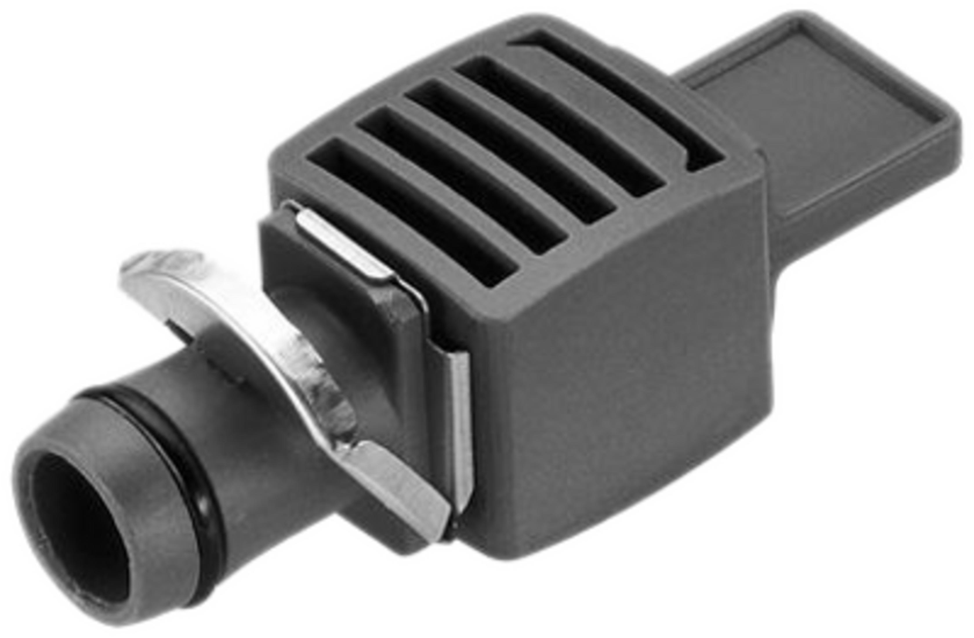 Szary złączka do węża z metalowymi klipsami i otworami wentylacyjnymi.