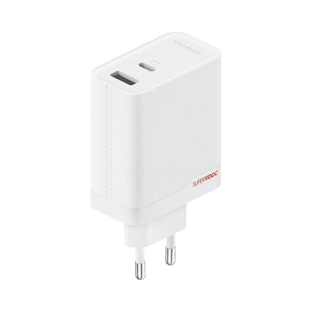 Biała ładowarka SuperVOOC 120W z dwoma portami USB i wtyczką EU.