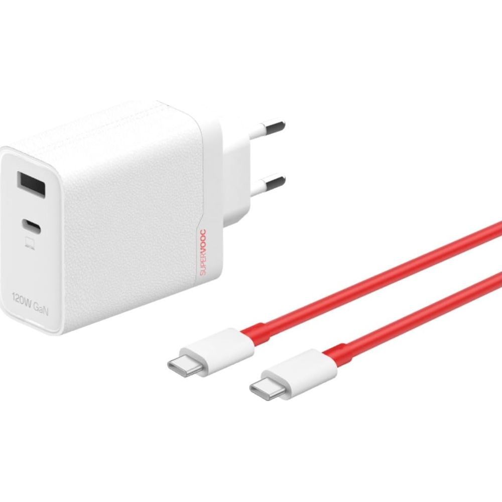 Biała ładowarka GaN 120W z dwoma portami USB-C i czerwonym kablem USB-C.