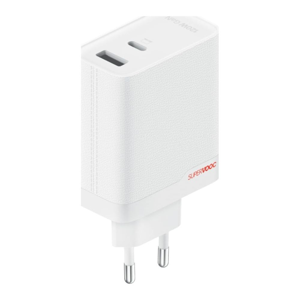 Biała ładowarka SuperVOOC GaN 120W z dwoma portami USB.