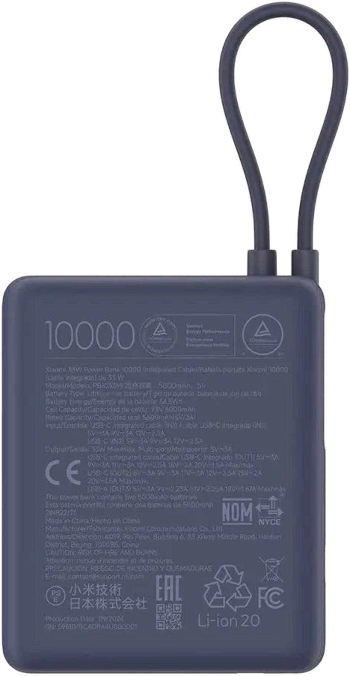 Ciemnoniebieski power bank 10000 mAh z zintegrowanym kablem i tekstem.