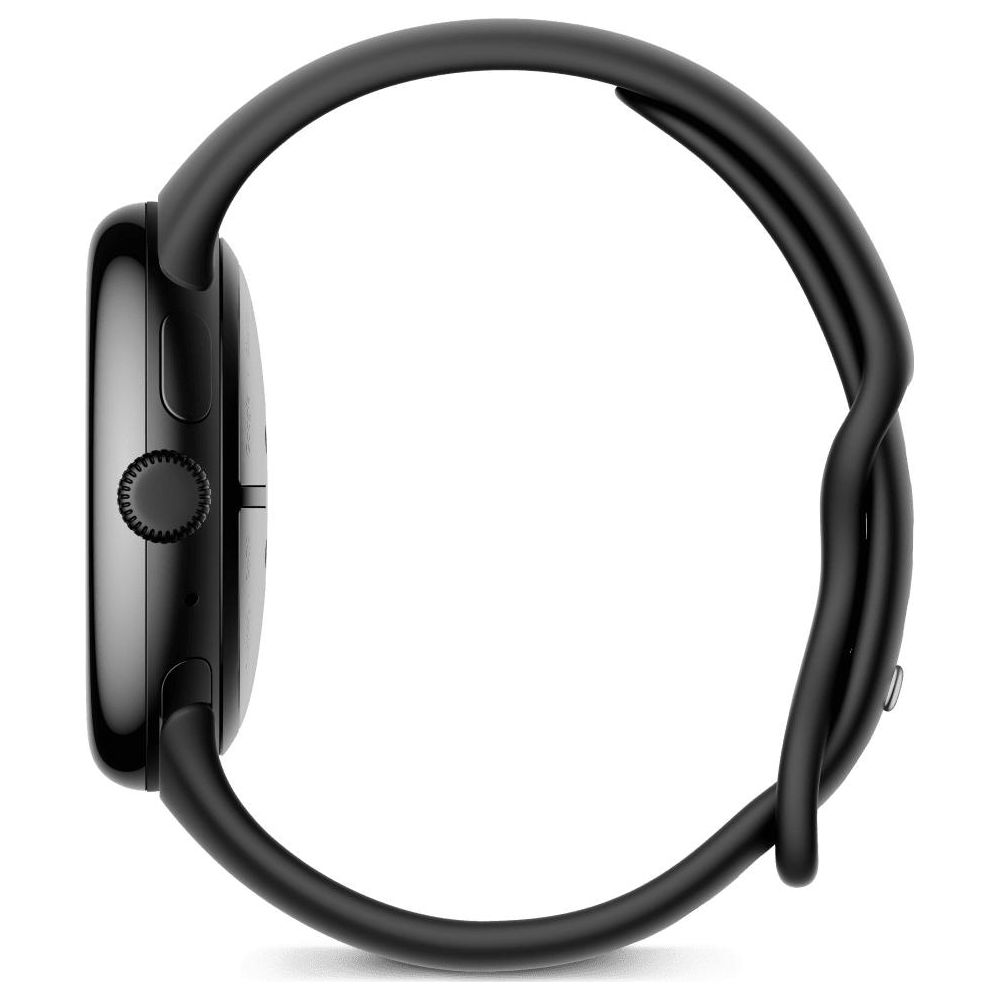 Czarny smartwatch z cyfrową koroną, pokazany z profilu na białym tle.