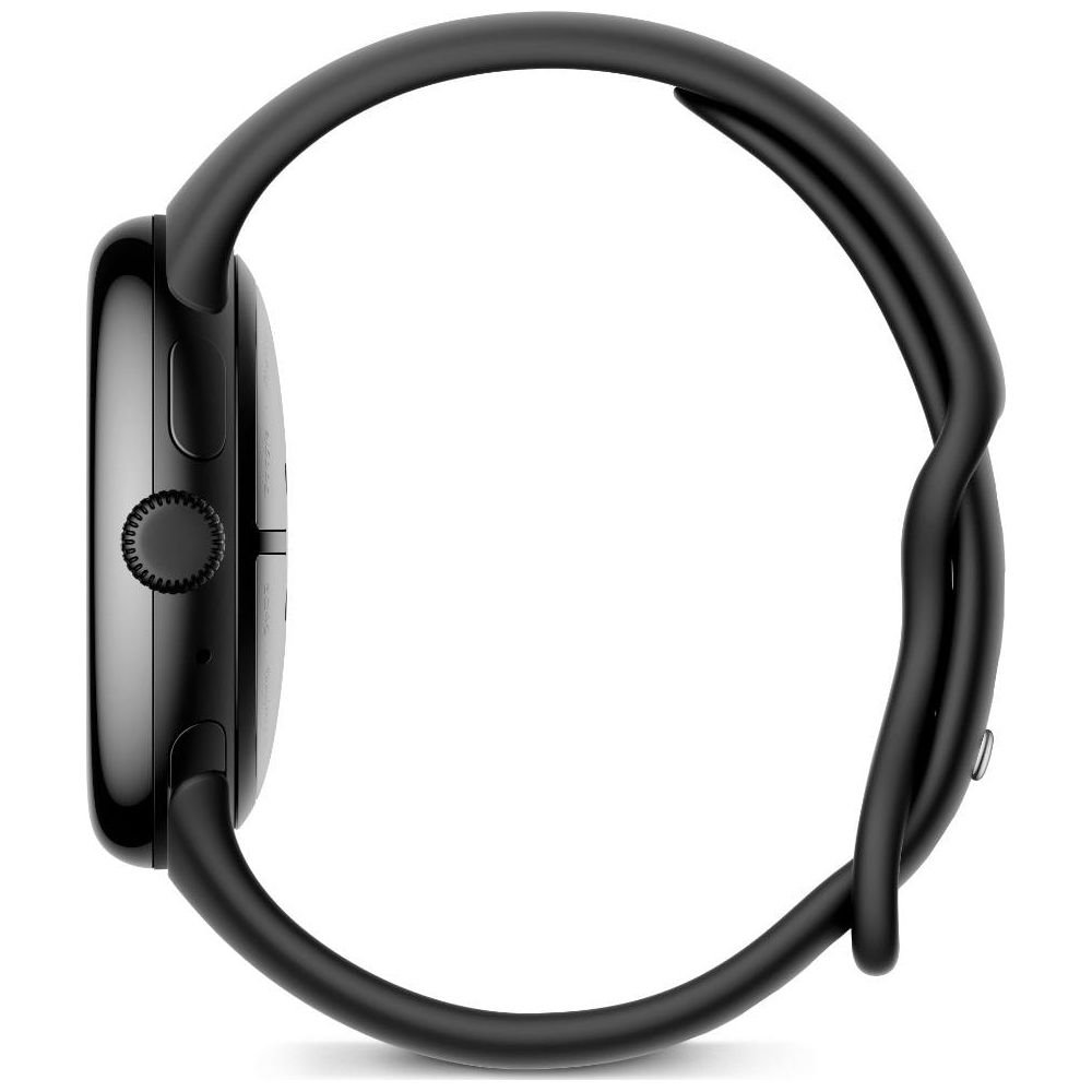 Czarny smartwatch z okrągłą tarczą i paskiem, widok z boku.