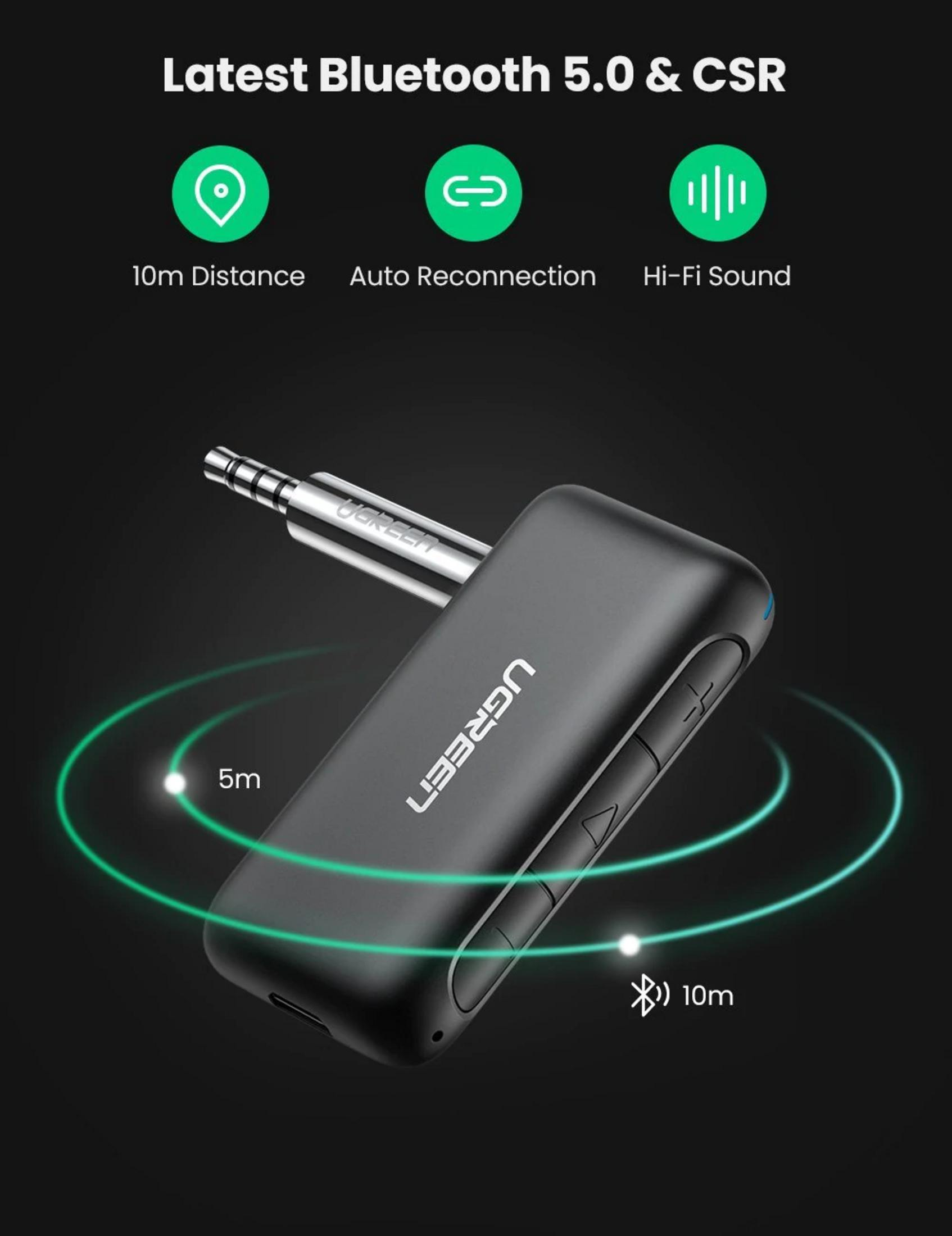 Ein schwarzer Bluetooth-Adapter mit 3,5-mm-Stecker und Tasten.