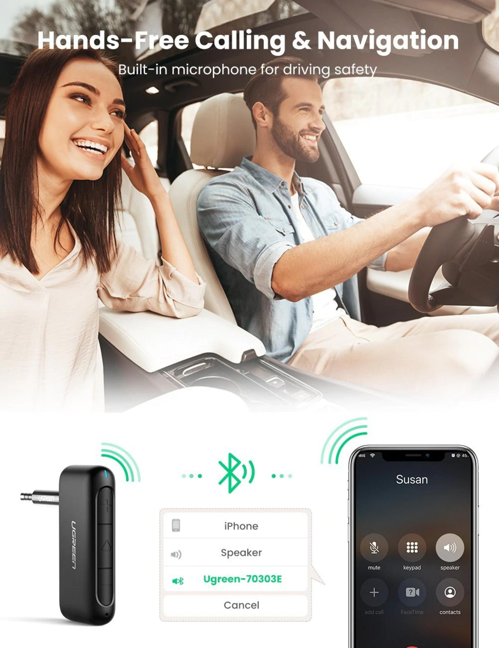 Mann und Frau im Auto, Bluetooth-Adapter und Smartphone-Anruf.