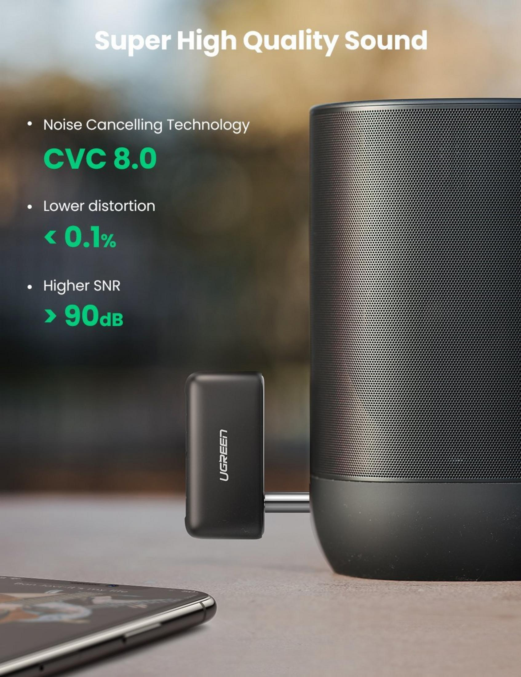 Schwarzer Lautsprecher mit UGREEN-Adapter und Smartphone auf Tisch.