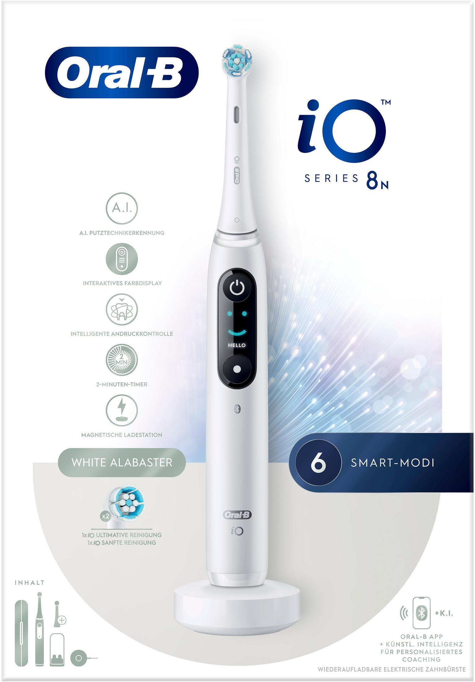 Szczoteczka elektryczna Oral-B iO Series 8N w kolorze białym ze stacją ładującą.