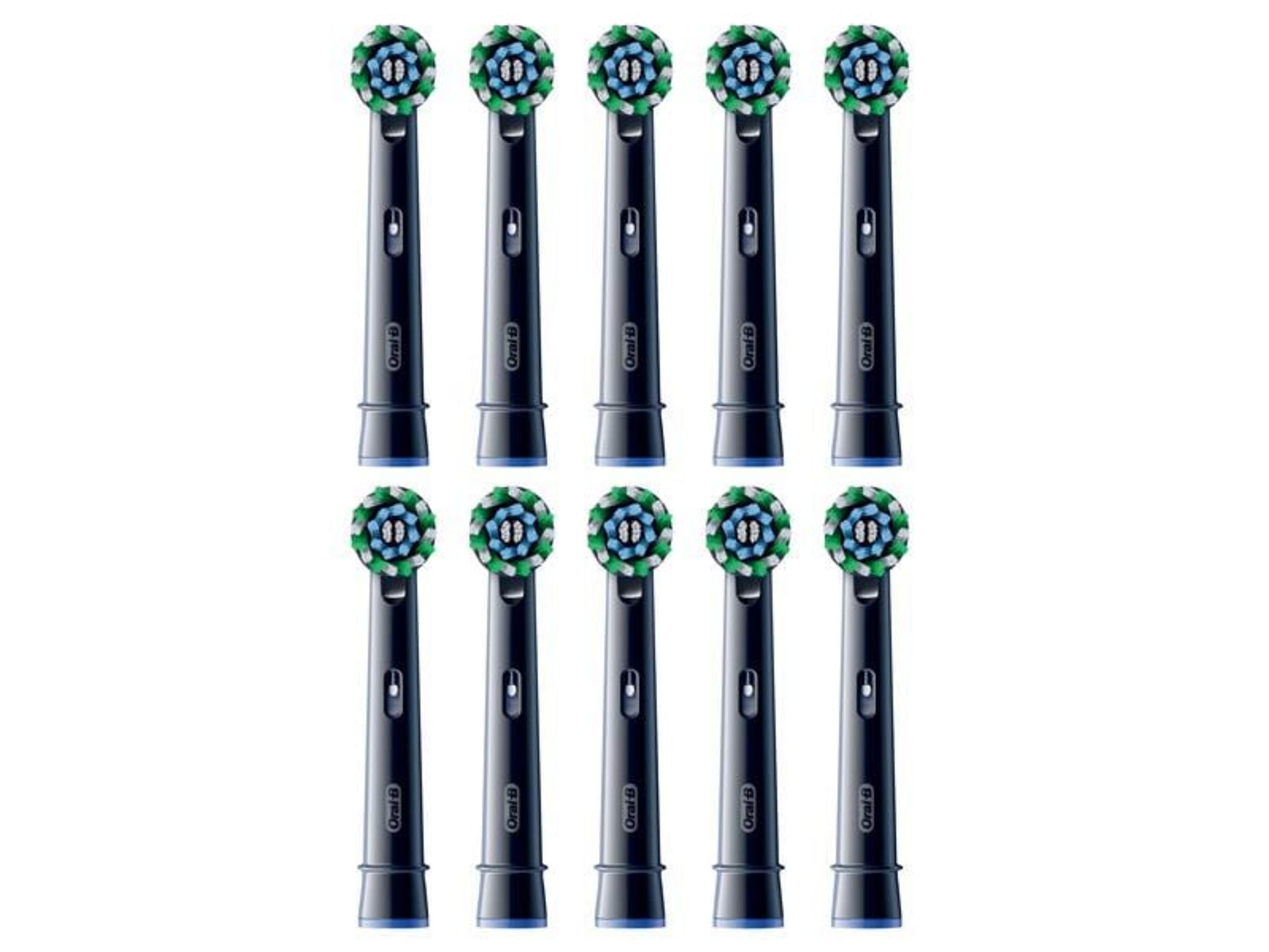 Zehn schwarze Oral-B Aufsteckbürsten mit grünen, blauen und weißen Borsten.