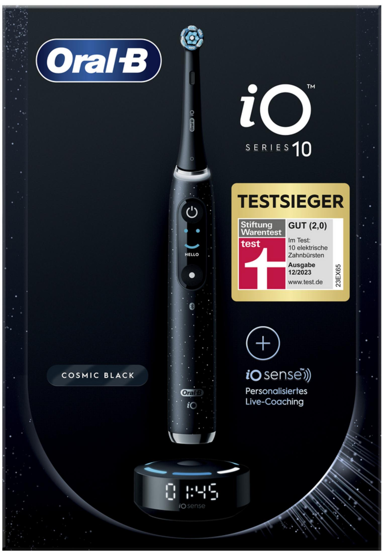 Czarna szczoteczka Oral-B iO Series 10 z ładowarką i naklejką zwycięzcy testu.