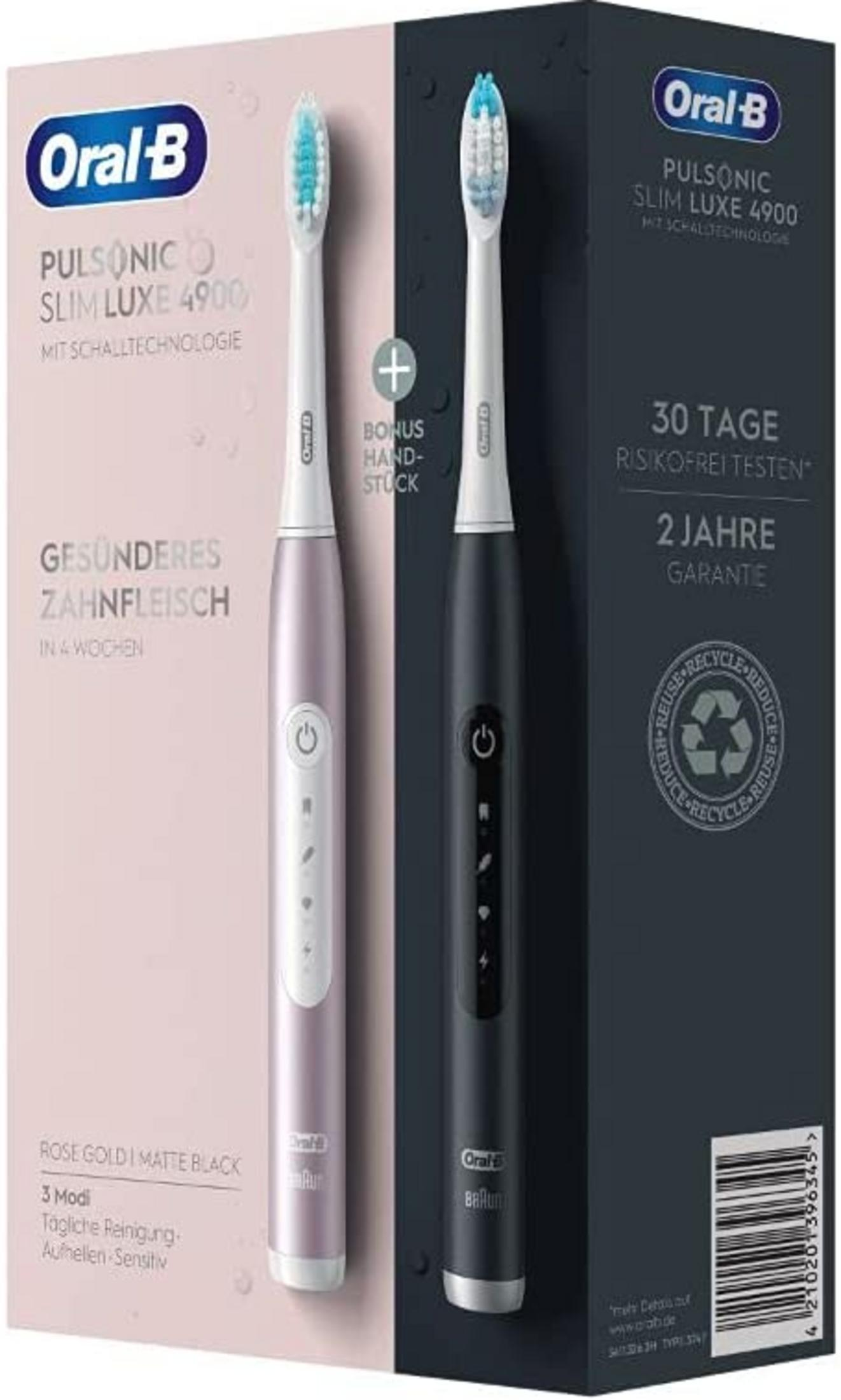 Zestaw szczoteczek Oral-B: Różowe złoto i matowa czerń, z 2 uchwytami.