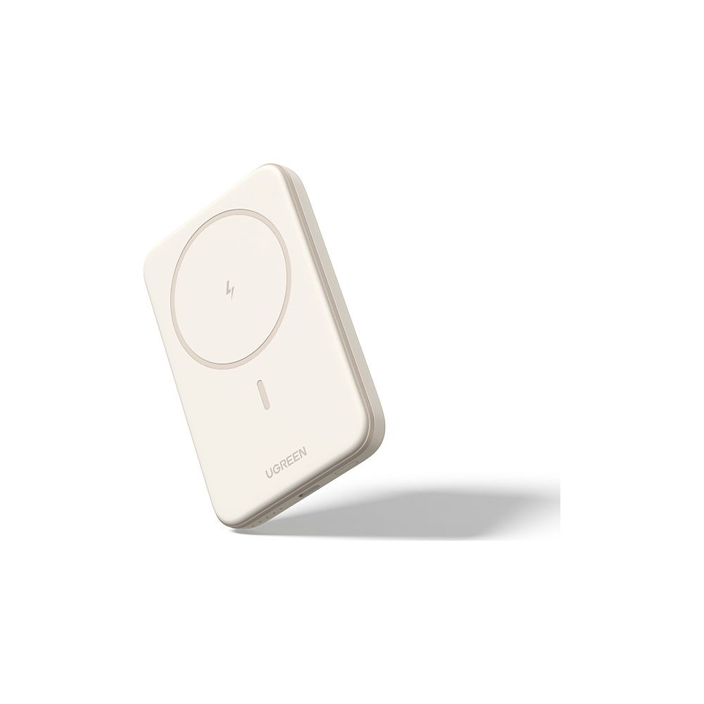 Biała ładowarka bezprzewodowa UGREEN z okrągłym polem magnetycznym i małą diodą.