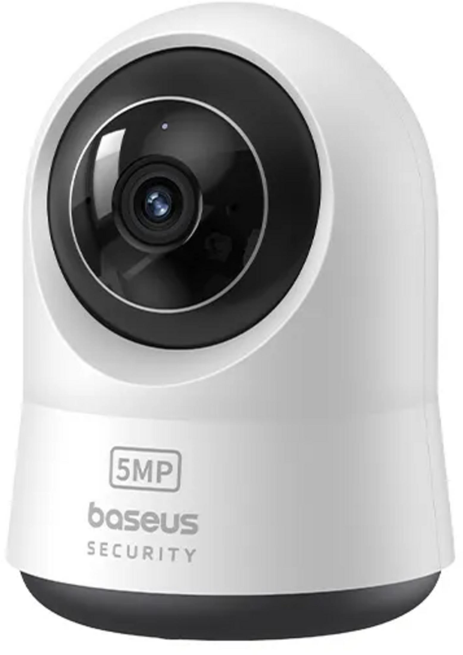 Een witte Baseus beveiligingscamera met zwarte lens en voet. Gemarkeerd 5MP.
