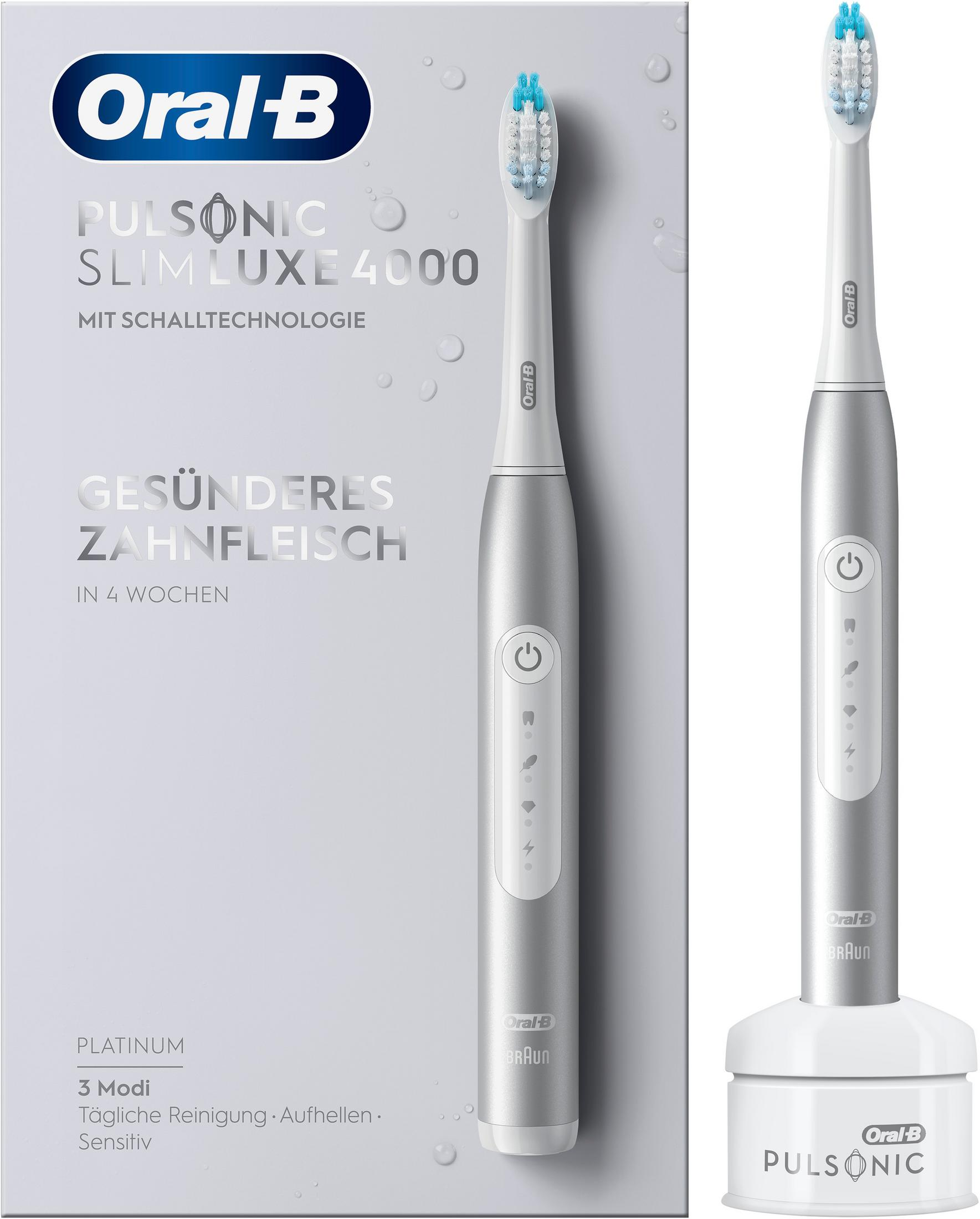 Srebrna szczoteczka soniczna Oral-B Pulsonic Slim Luxe 4000 z niebiesko-białym włosiem.