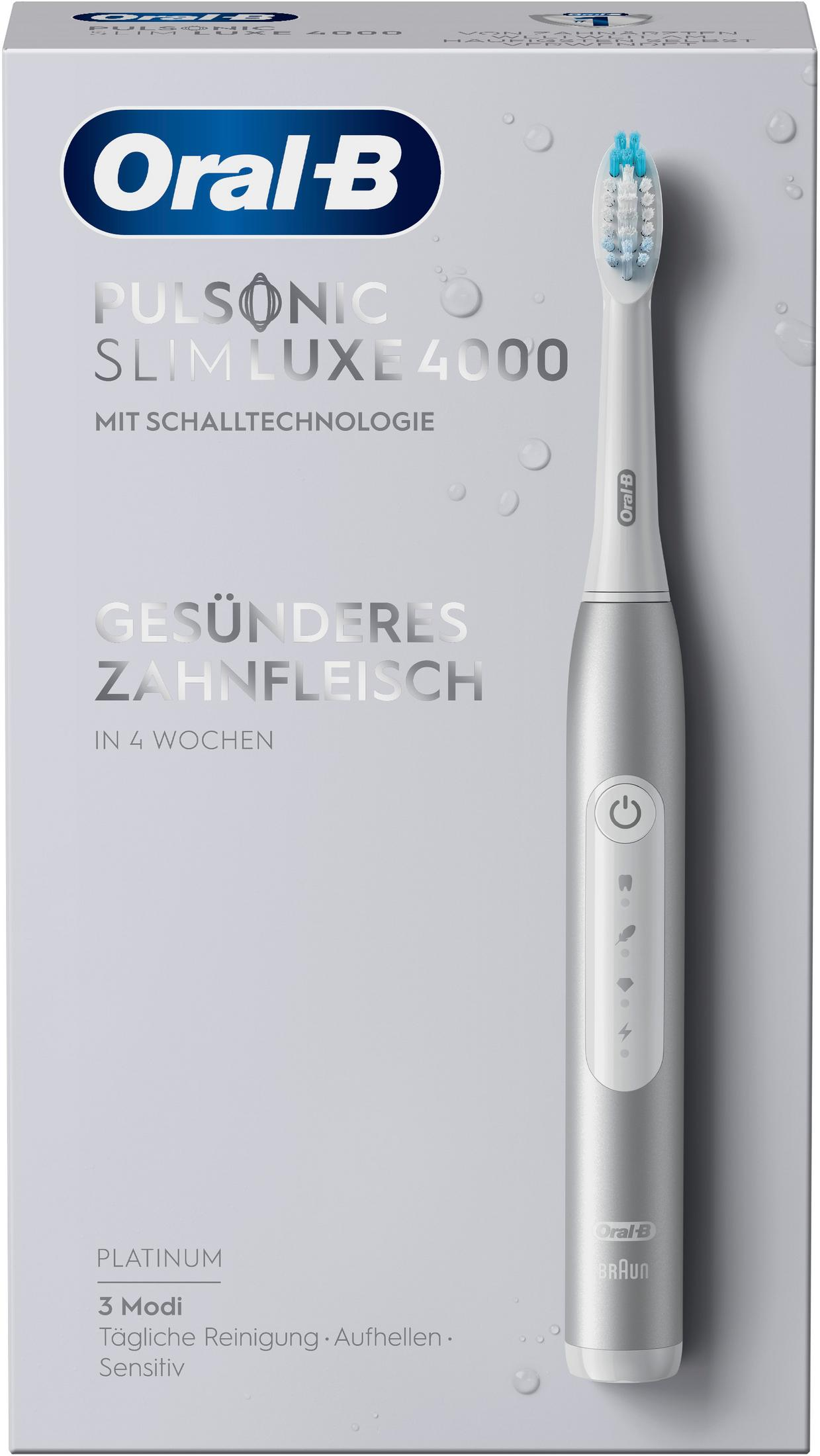 Biała szczoteczka soniczna Oral-B SlimLuxe 4000 z niebieskim włosiem.