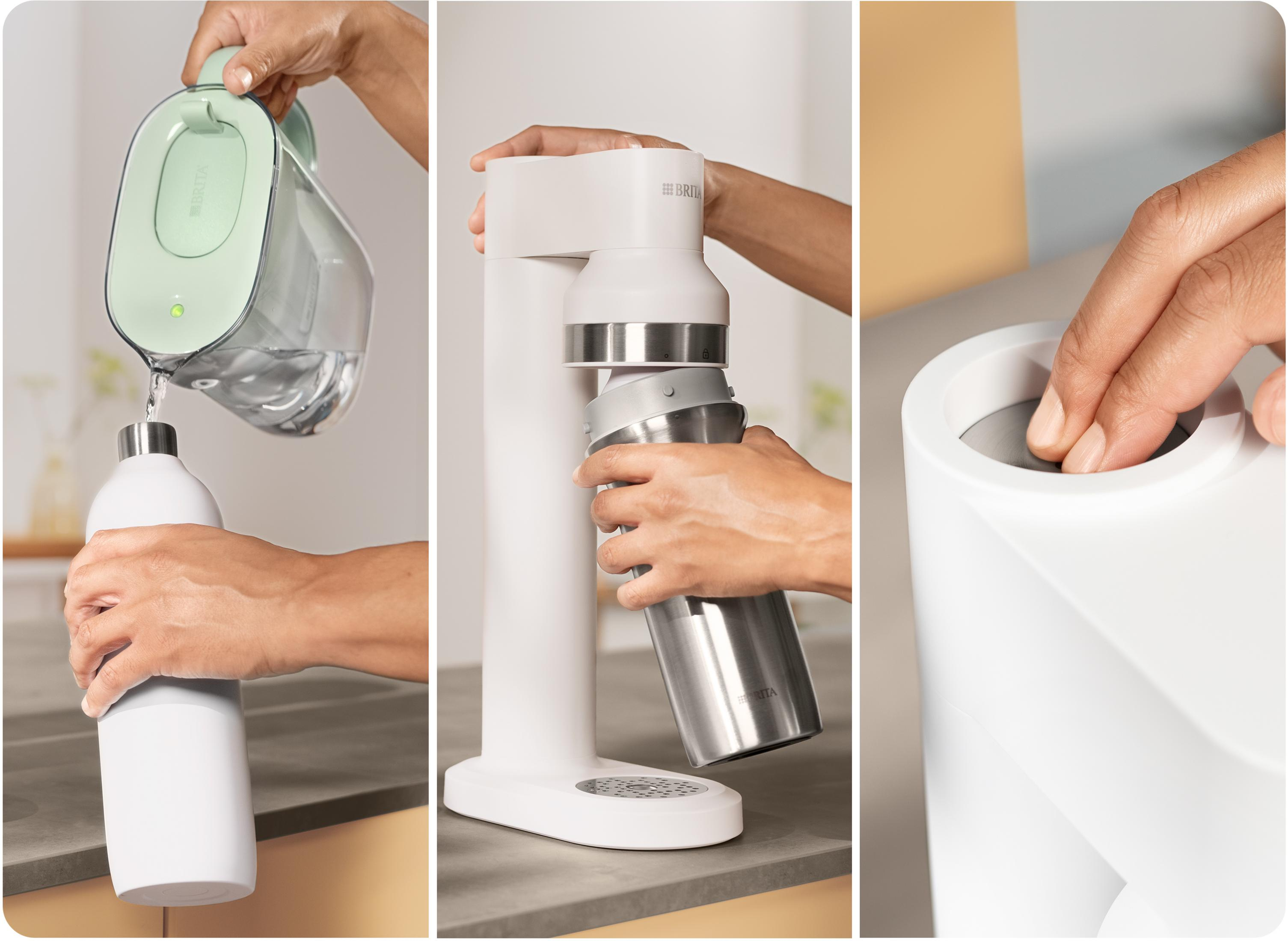 Zielony dzbanek Brita nalewa wodę do białej butelki, potem metalową butelkę do saturatora.