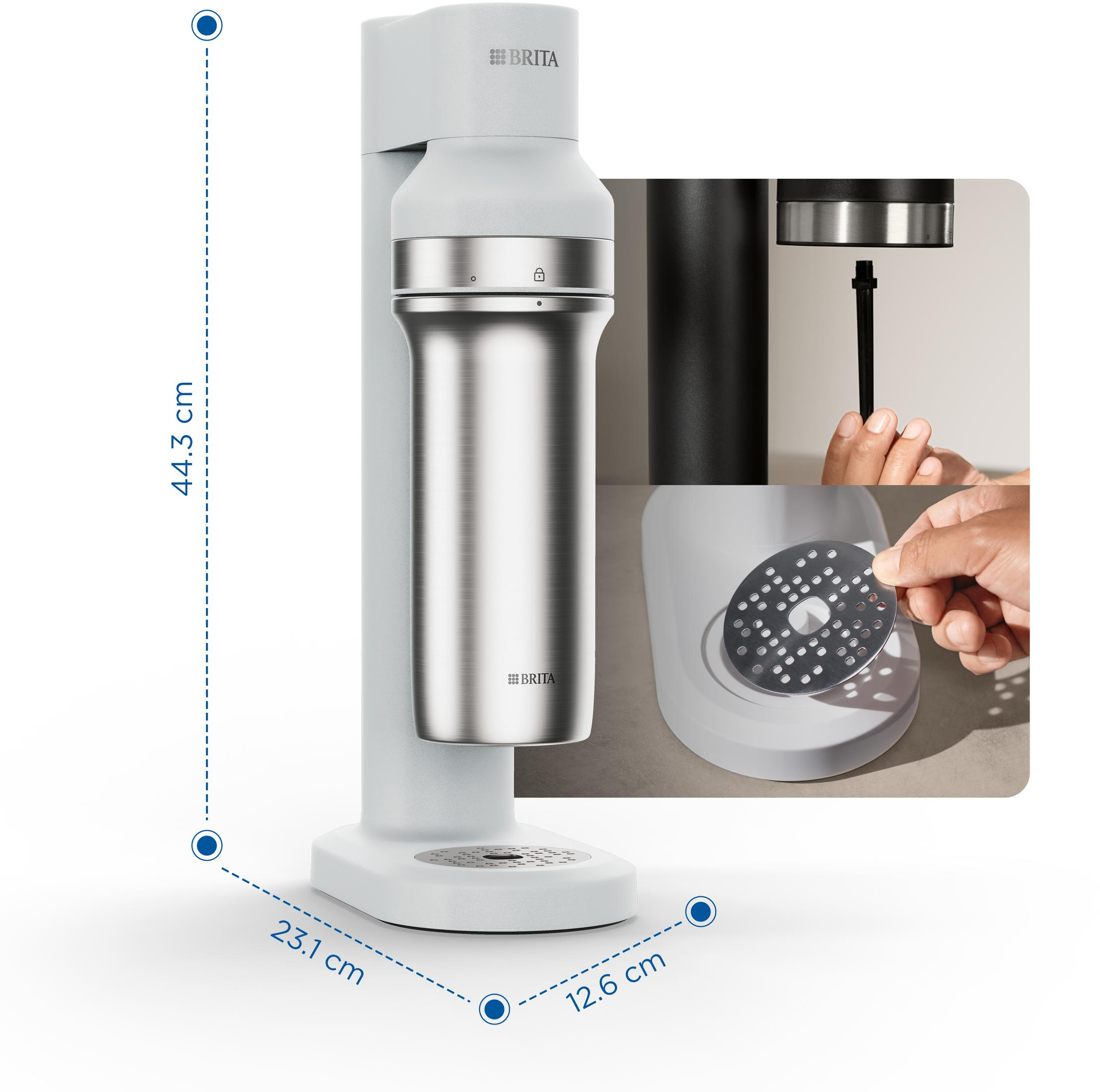 Biała maszyna do wody Brita z srebrną butelką. Wymiary podane.