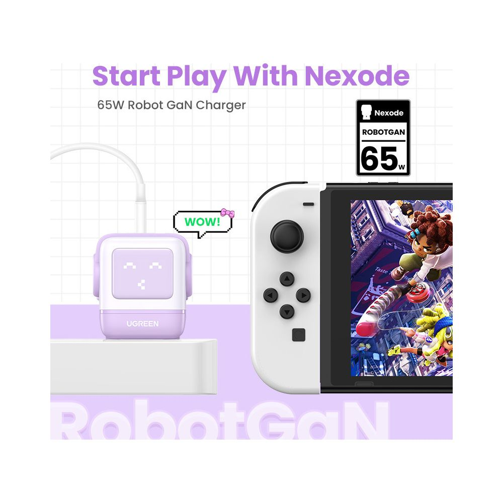 Fioletowa ładowarka robot obok białego urządzenia do gier z grafiką.