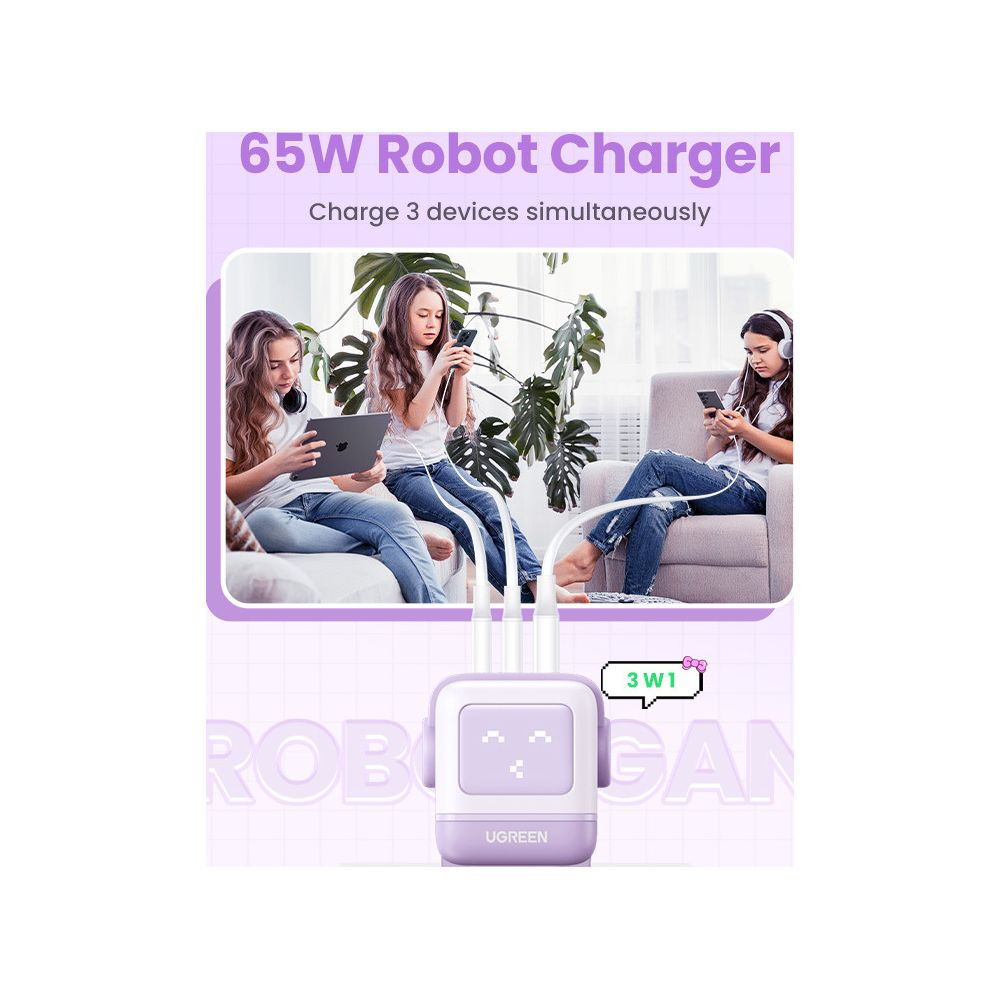 Fioletowa ładowarka robot z 3 portami, pokazująca trzy dziewczyny ładujące jednocześnie swoje urządzenia.