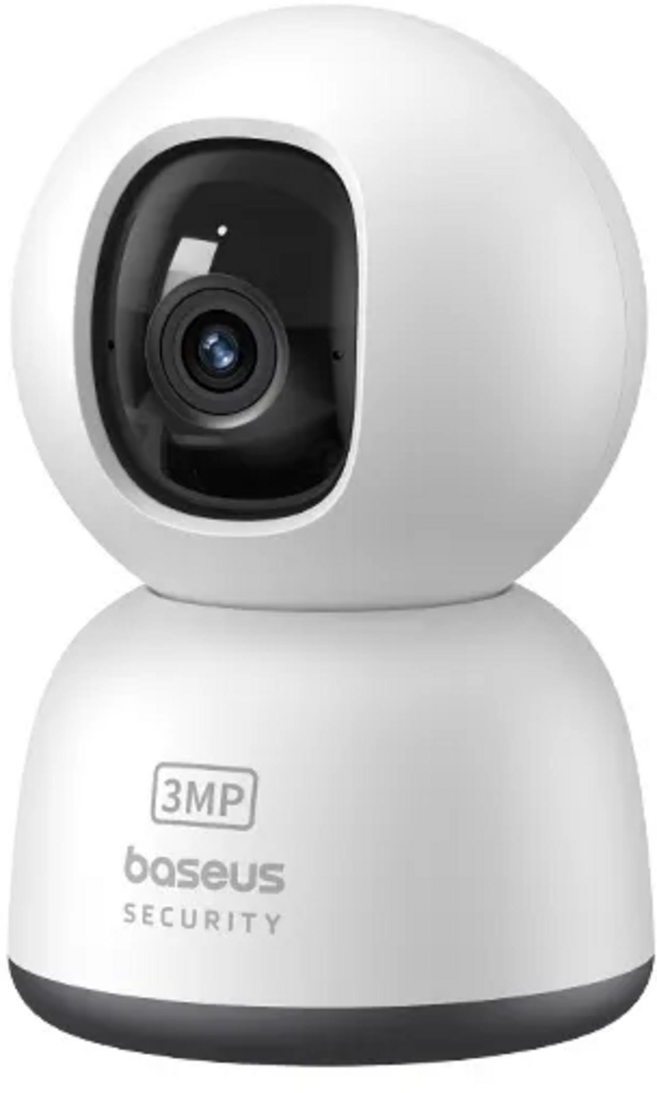 Een witte beveiligingscamera met zwarte lens en tekst.
