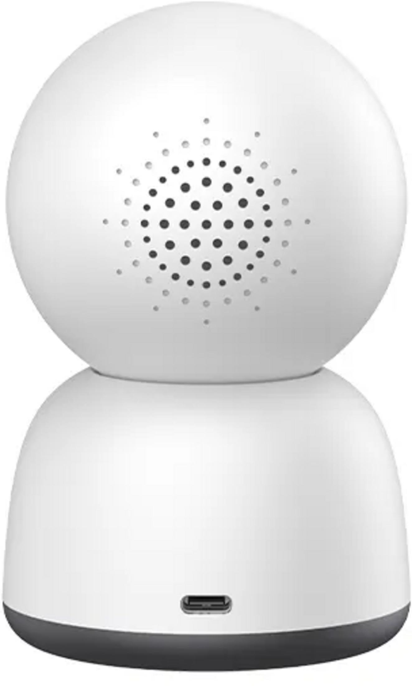 Witte beveiligingscamera met geperforeerd luidspatroon en USB-poort.