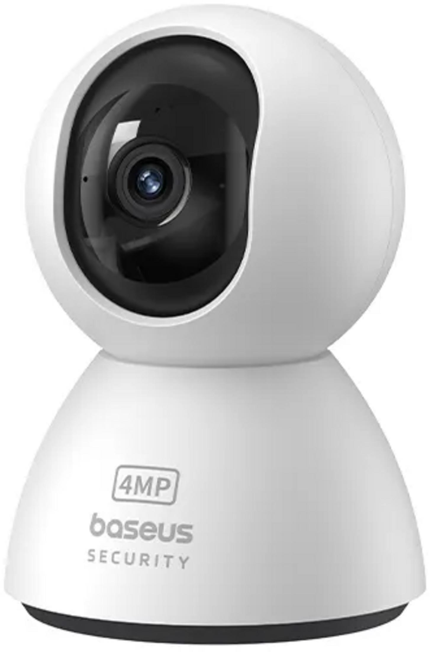 Een witte beveiligingscamera met 4MP en Baseus Security logo.
