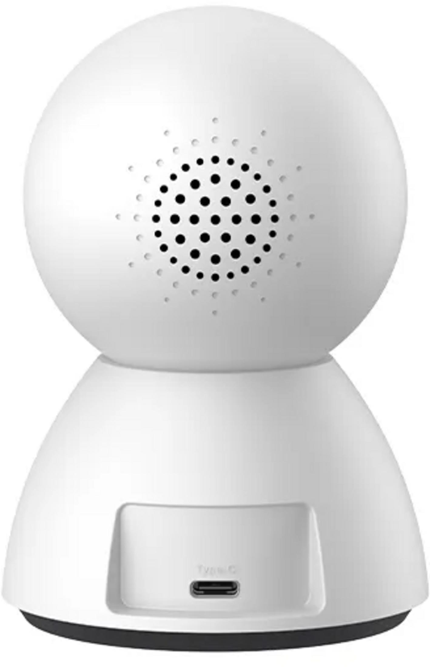 Witte beveiligingscamera met luidsprekergrill en USB-C-poort.