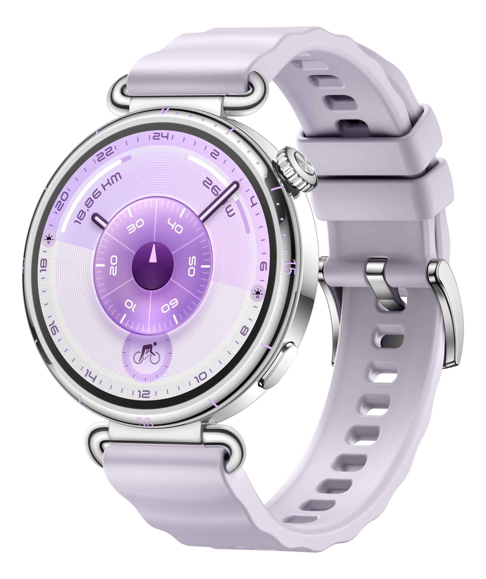 Een lichtpaarse smartwatch met zilveren kast en wijzerplaat.