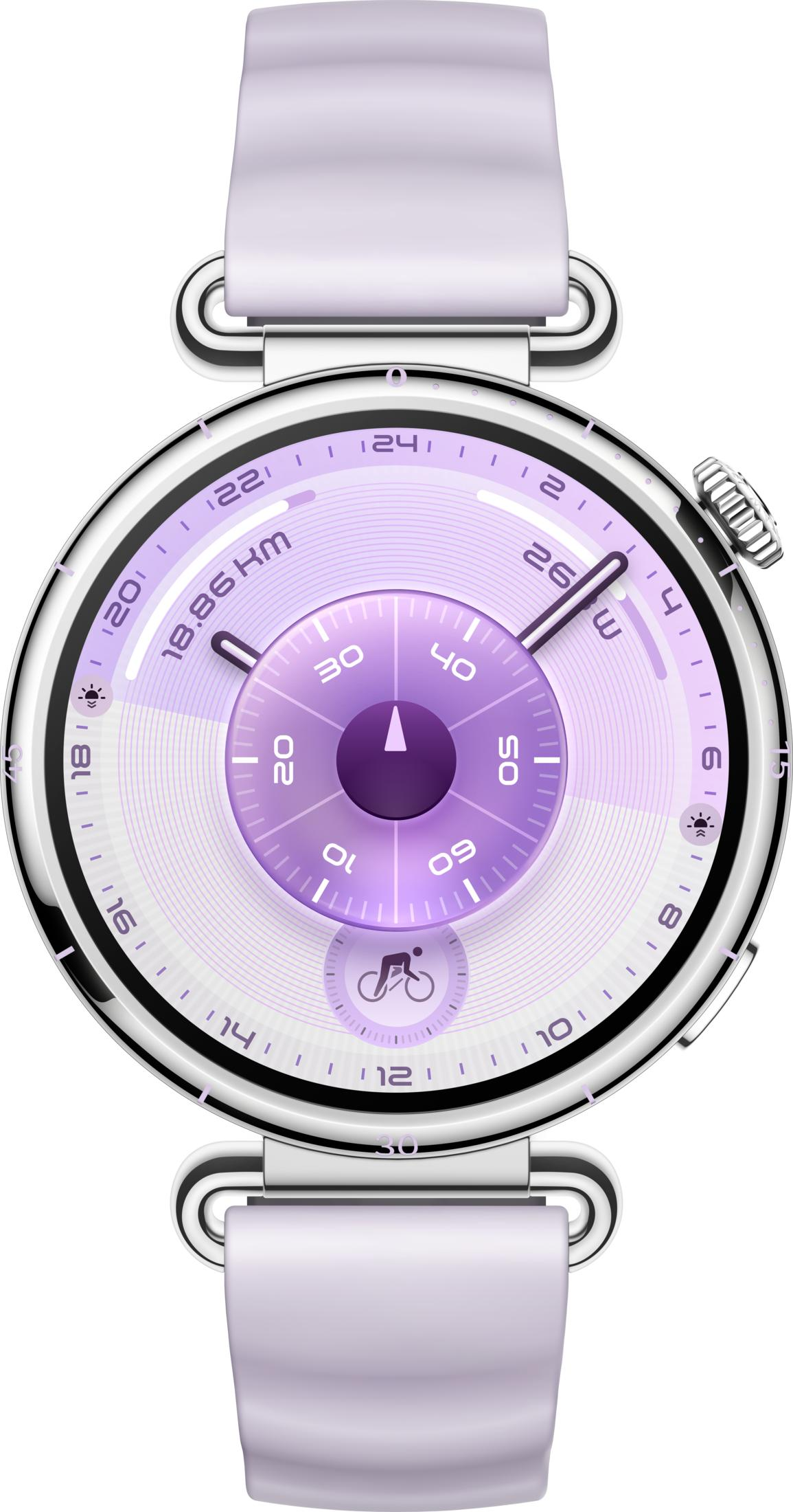 Zilverkleurig smartwatch met paars wijzerplaat en paarse band. Toont 18,86 km.