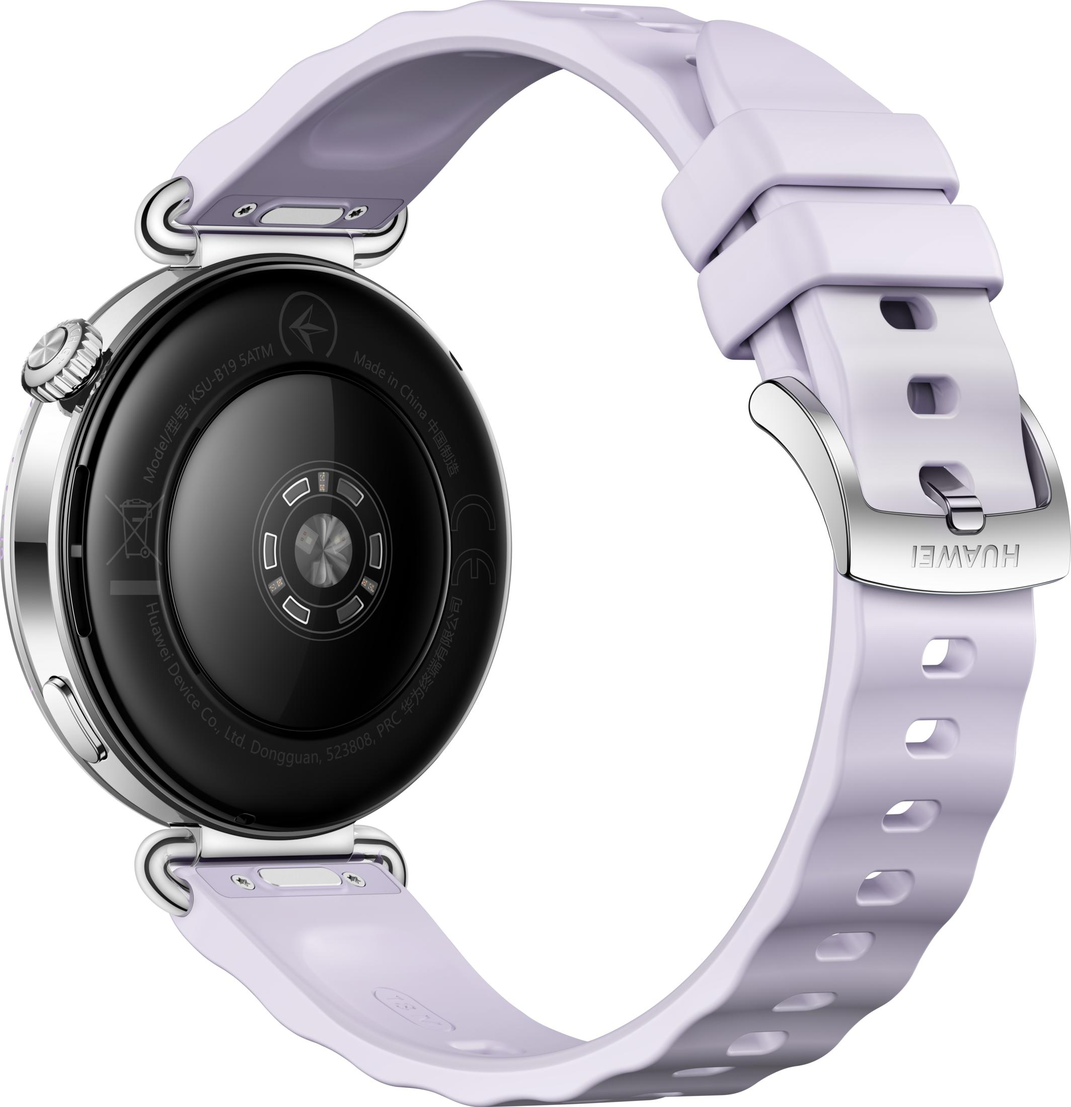 Een lichtpaarse smartwatch met zilveren gesp en zwarte sensorachterkant.
