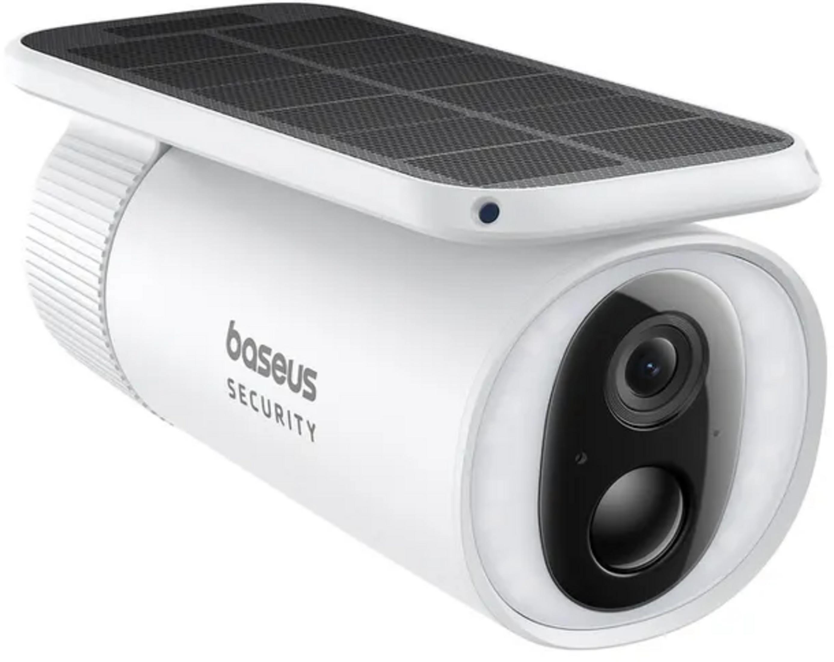Een witte beveiligingscamera met zonnepaneel bovenop en lens aan de voorkant.
