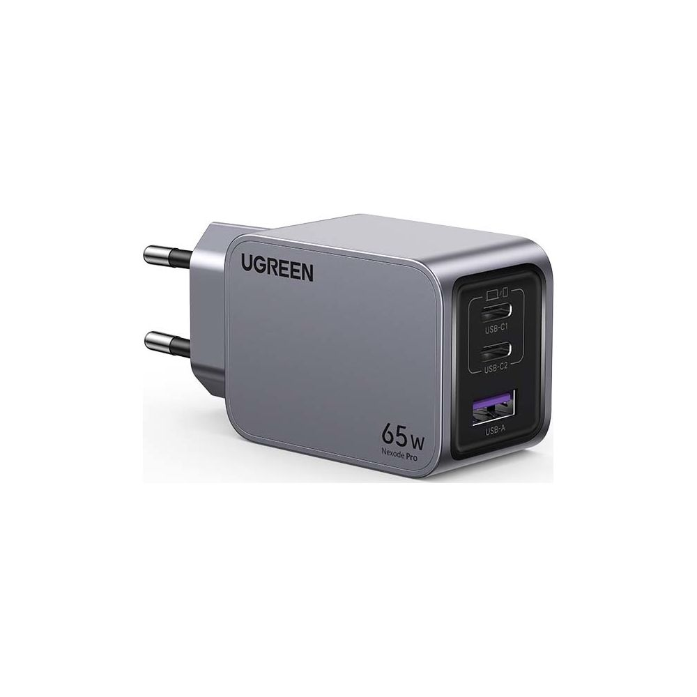 Szara ładowarka UGREEN 65W Nexode Pro z dwoma portami USB-C i jednym USB-A.