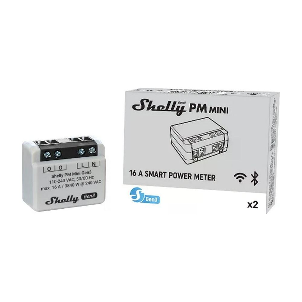 Inteligentny miernik mocy Shelly PM Mini Gen3 i jego opakowanie.