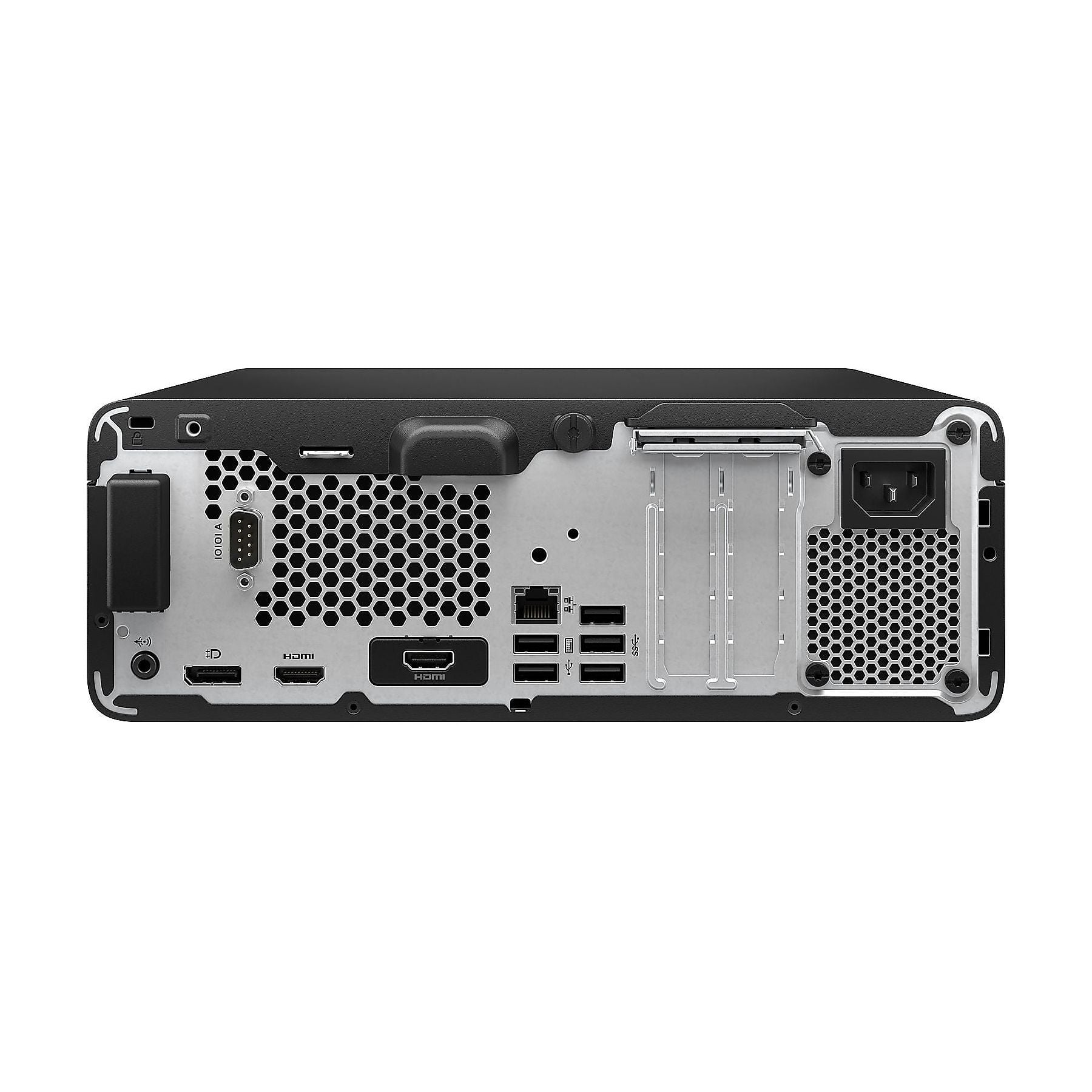 Retro di un computer nero con porte: HDMI, USB, audio, Ethernet e connettore di alimentazione.