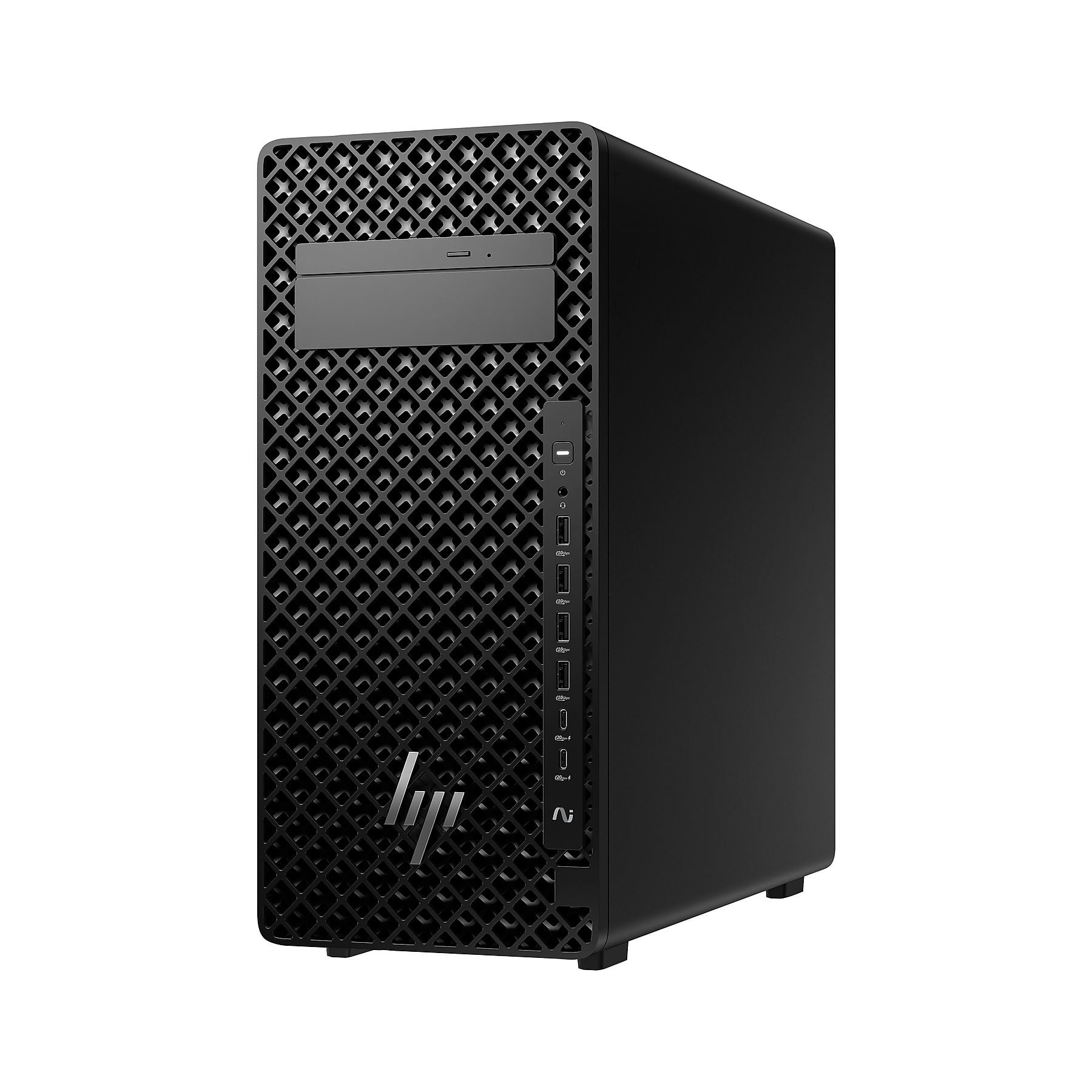 PC tower nero con logo HP e frontale a griglia con porte USB.