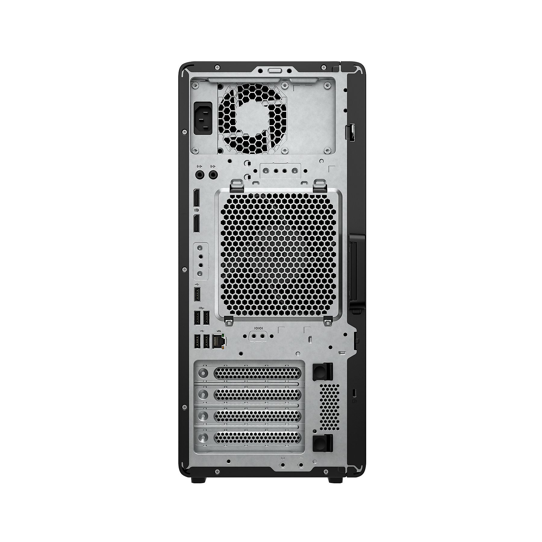 Retro di un PC con ventola, porte e slot di espansione.