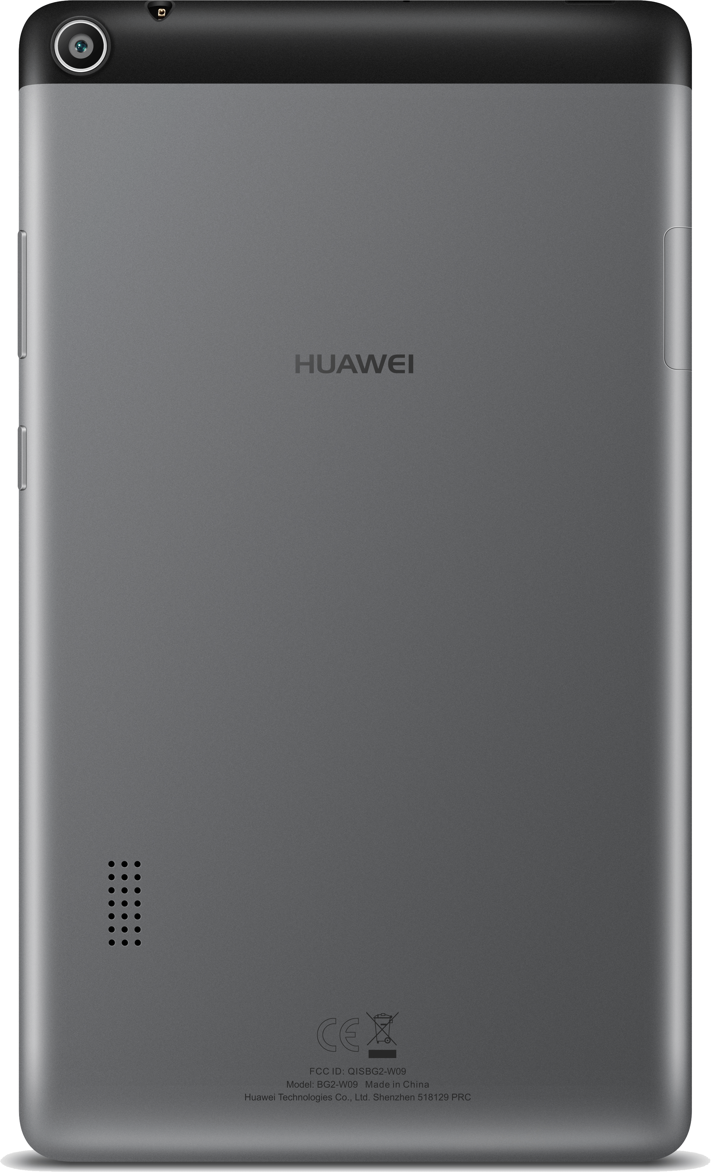 Rückseite eines grauen Huawei Tablets mit Kamera und Lautsprechergitter.