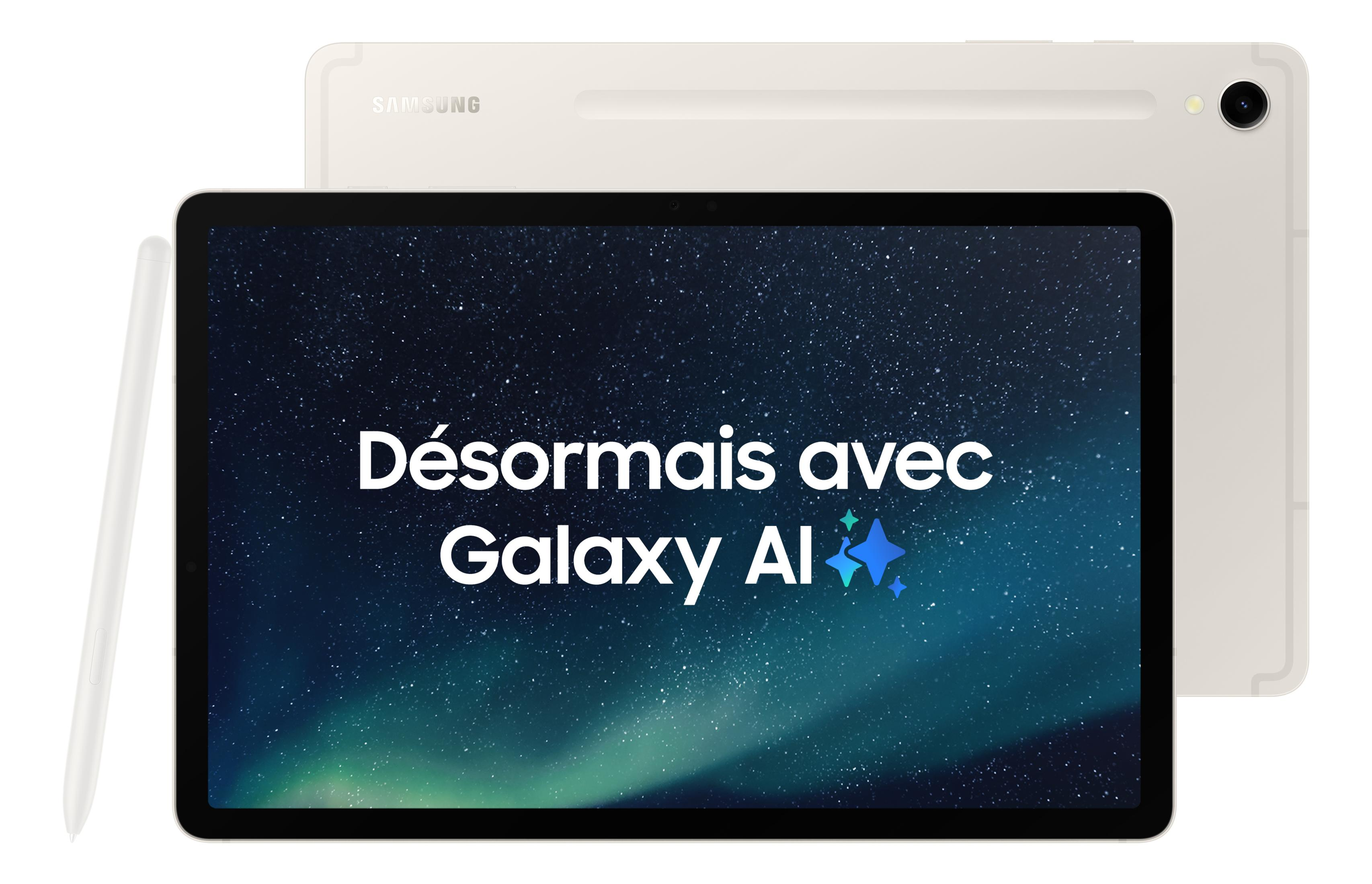 Een beige Samsung tablet met stylus. Het scherm toont sterren en tekst.