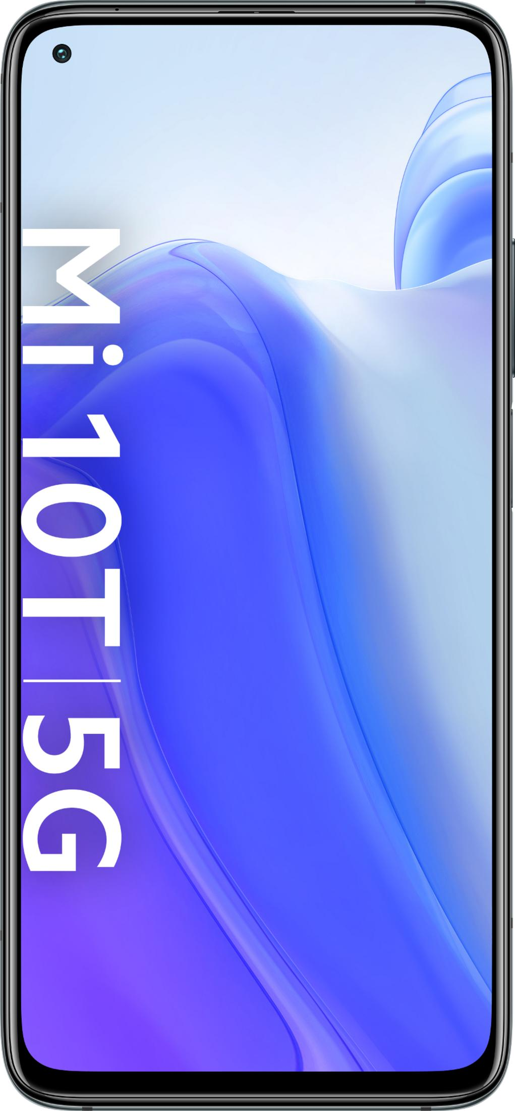 Smartfon z napisem Mi 10T 5G na niebieskim tle.