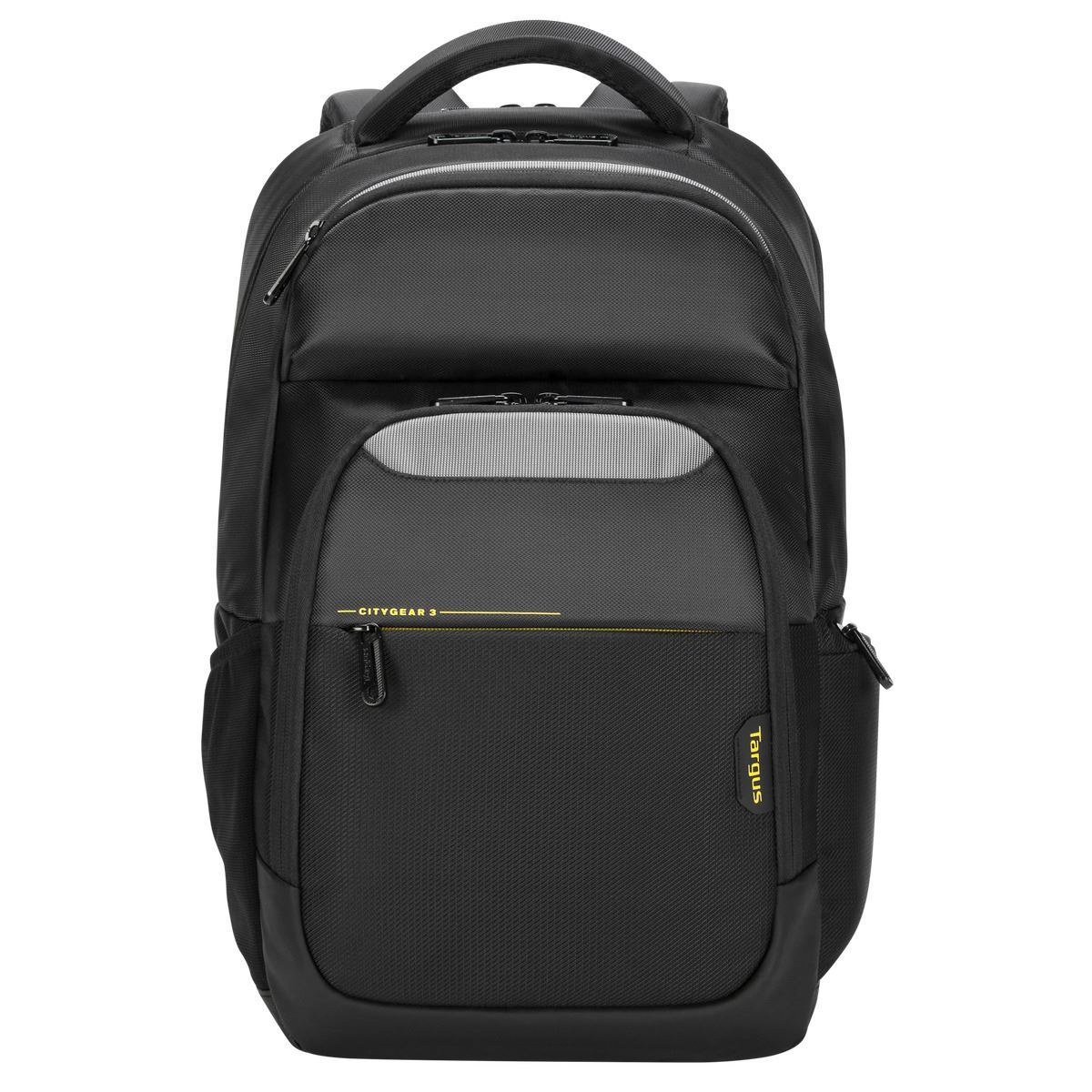 Sac à dos noir avec accents argentés et logo Targus.