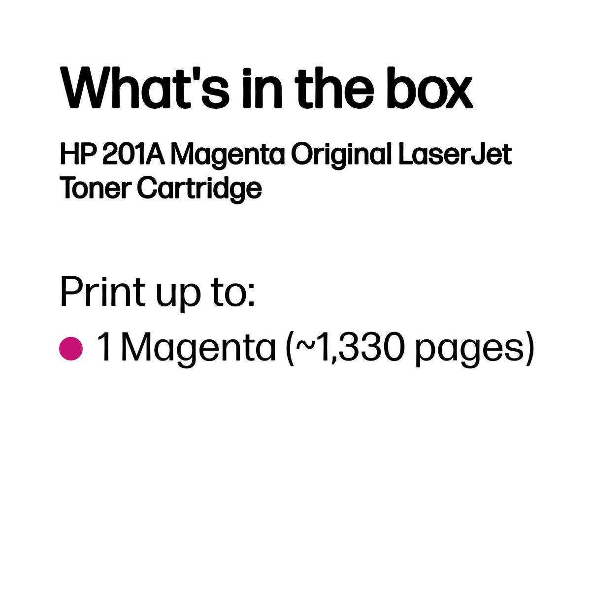 Zawartość pudełka: 1 toner LaserJet Magenta HP 201A.