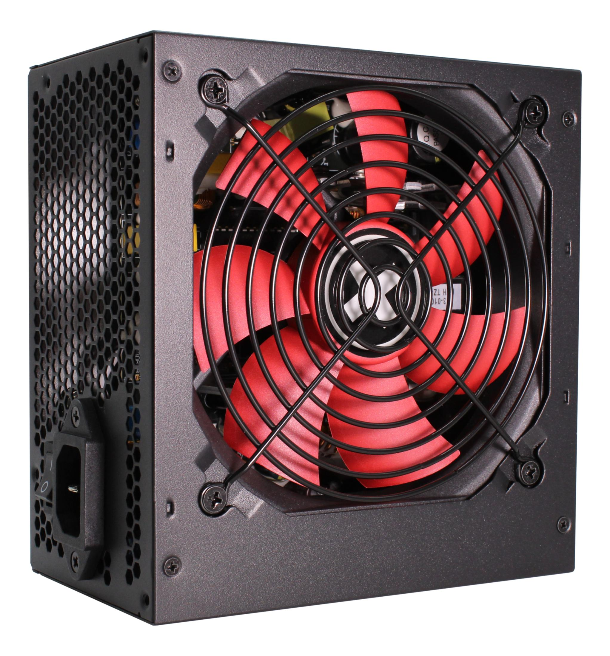 Czarny zasilacz z czerwonym wentylatorem i wentylacją o strukturze plastra miodu.