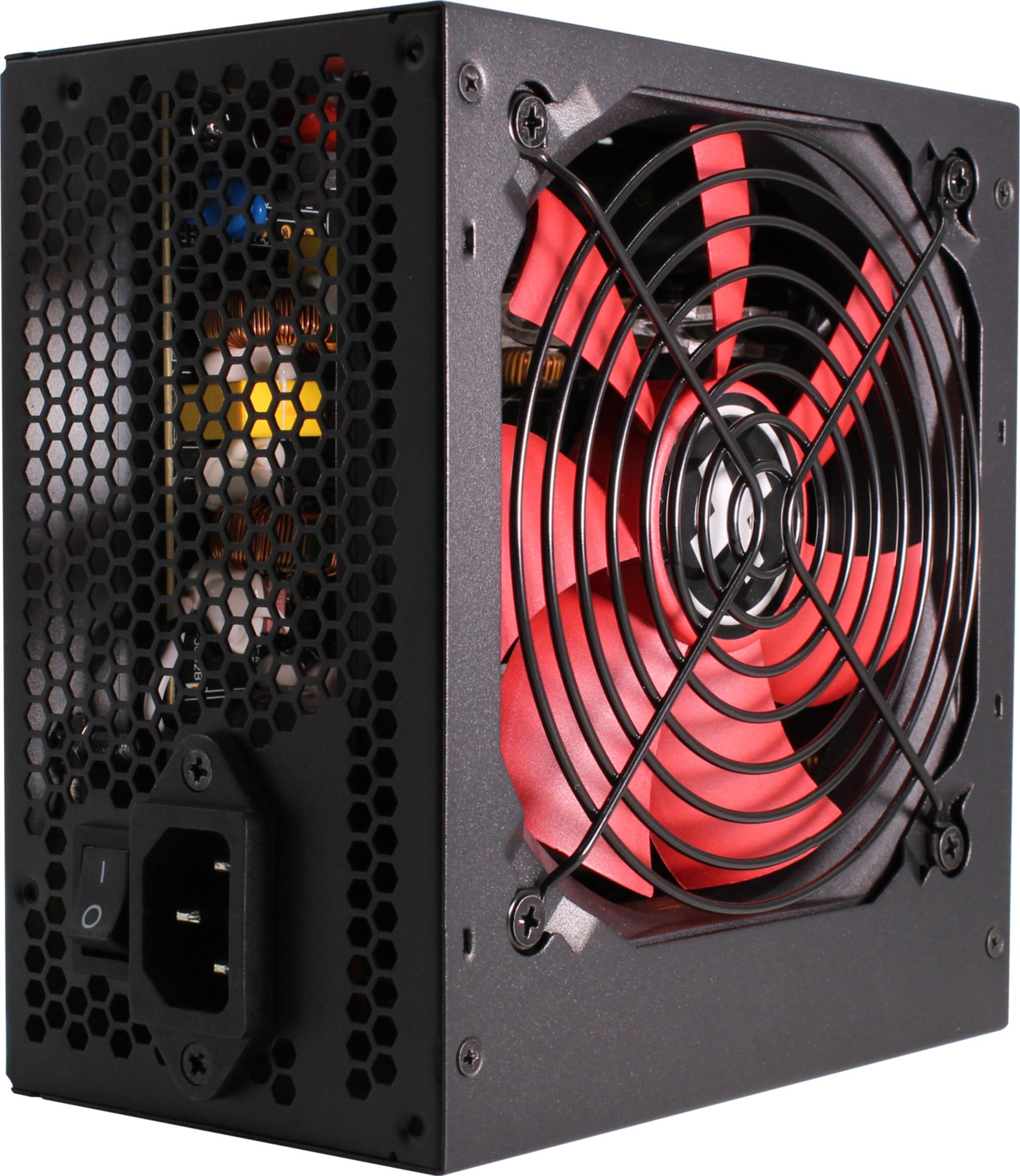 Czarny zasilacz komputerowy z czerwonym wentylatorem i wentylacją.