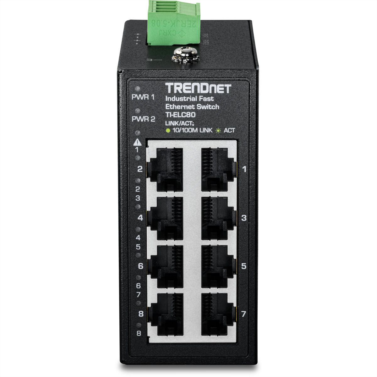 Switch Ethernet industriel Trendnet noir avec 8 ports et un bornier vert.