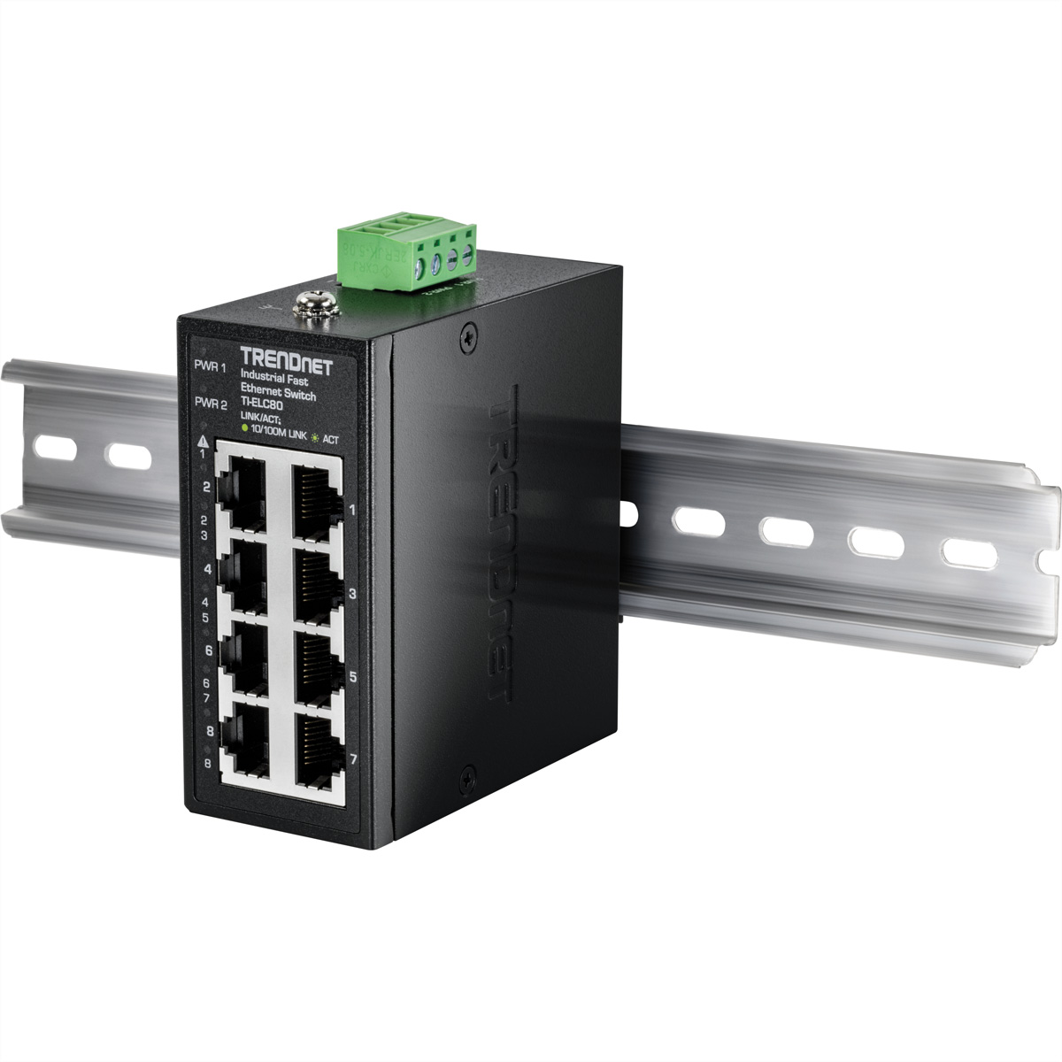 Un switch Ethernet noir monté sur rail DIN, avec 8 ports et un connecteur vert.
