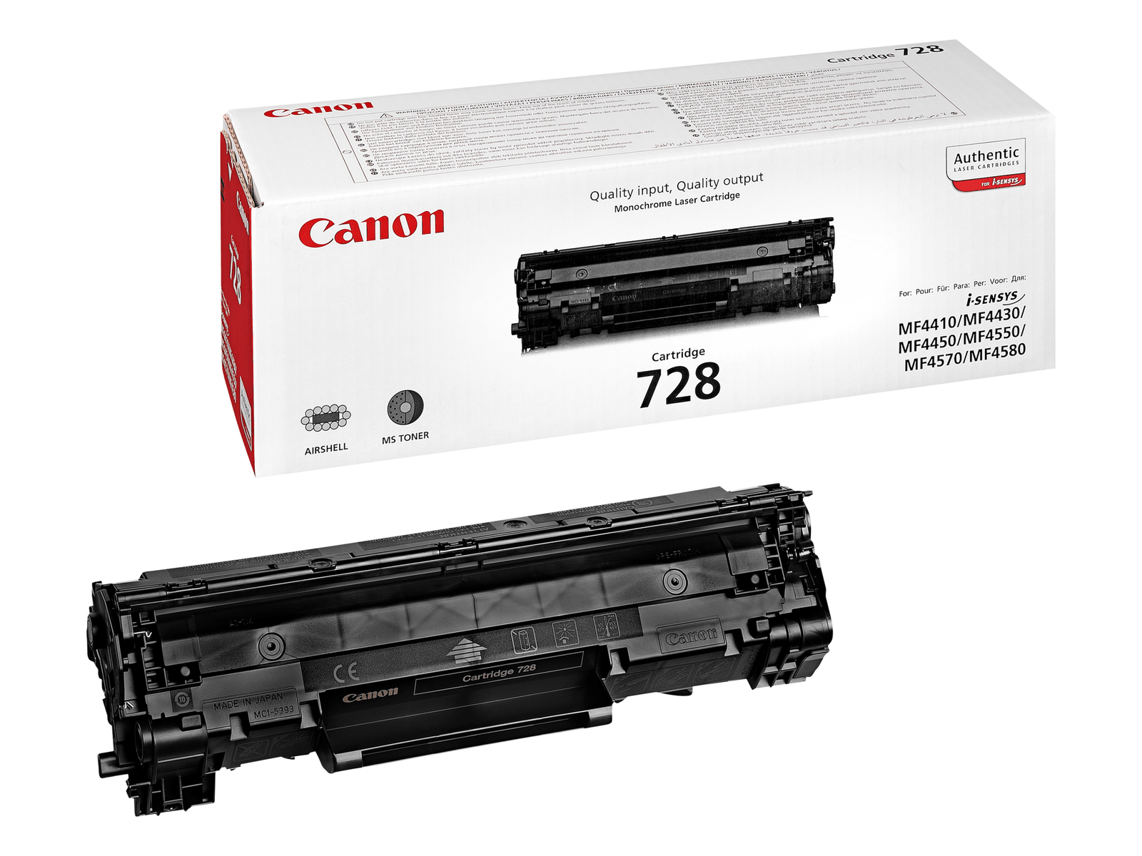 Toner Canon 728, w pudełku i rozpakowany, na białym tle.